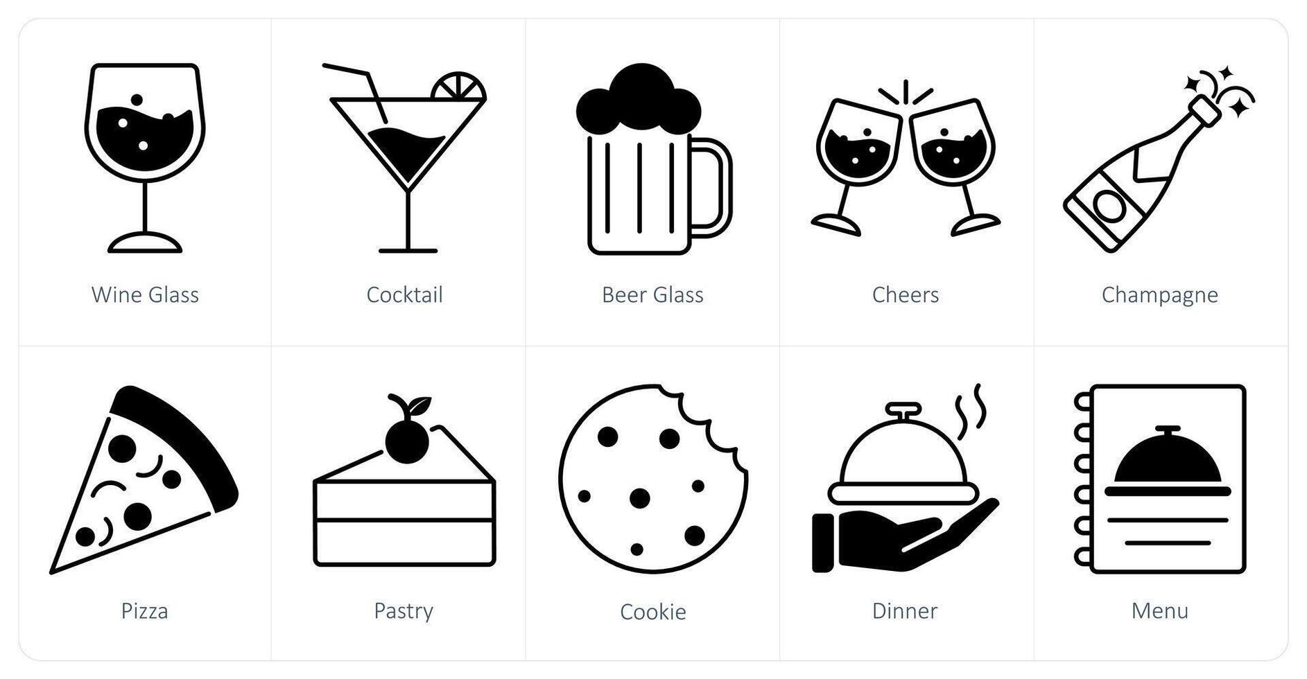 A set of 10 Party and Celebration icons as wine glass, cocktail, beer glass vector