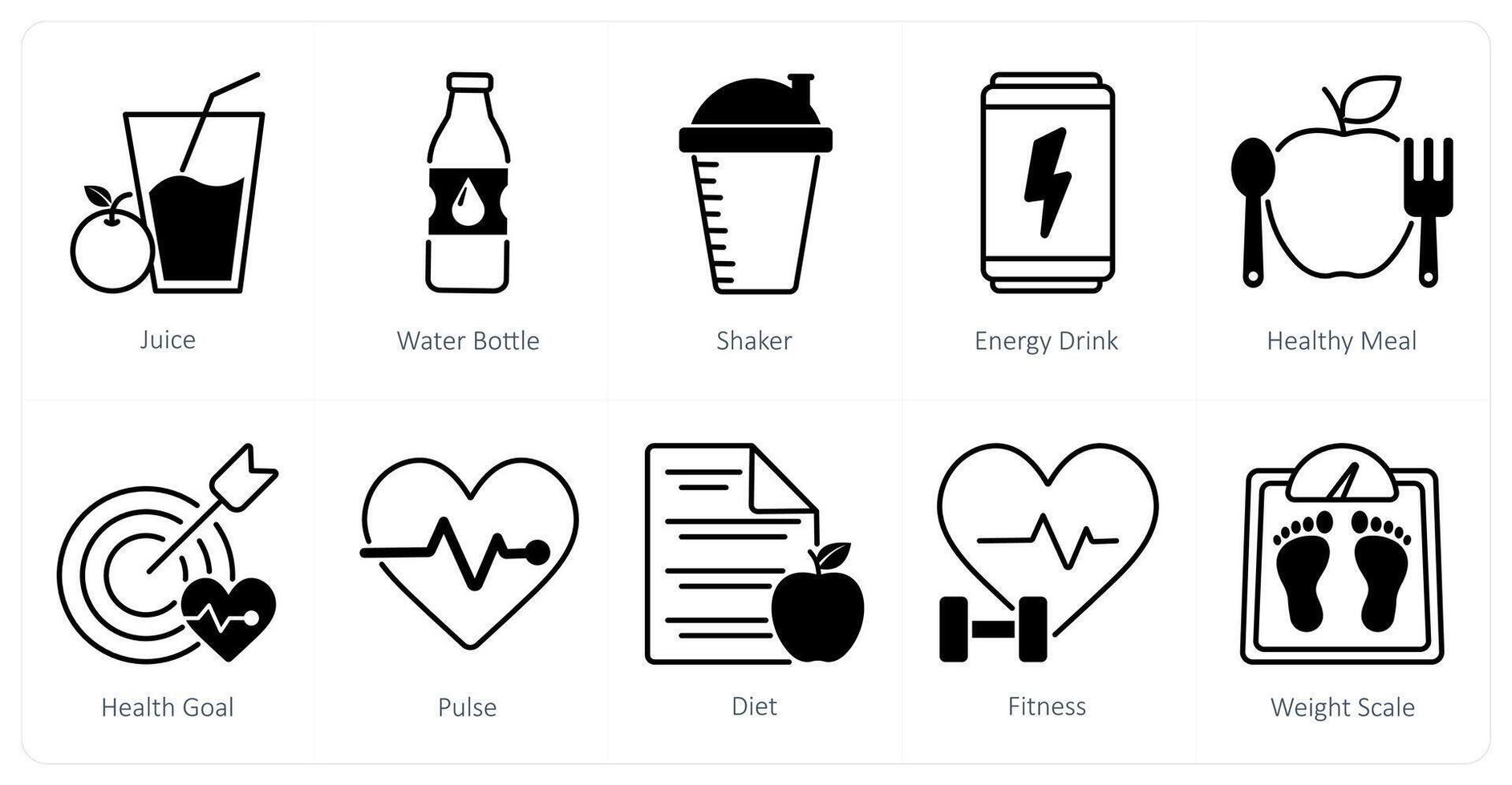 A set of 10 Sports and Fitness icons as juice, water bottle, shaker vector