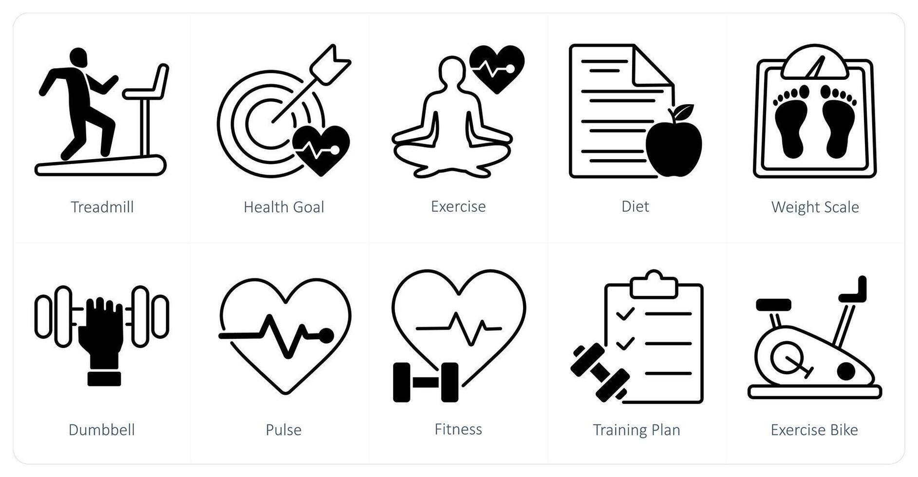 A set of 10 Sports and Fitness icons as treadmill, health goal, exercise vector