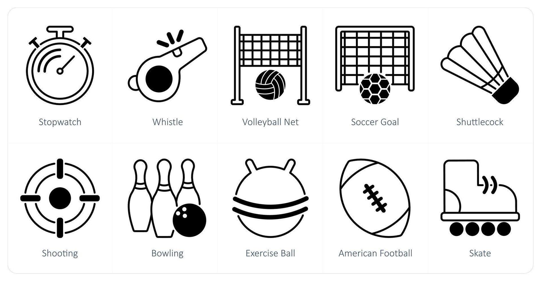 A set of 10 Sports and Fitness icons as stopwatch, whistle, volleyball net vector