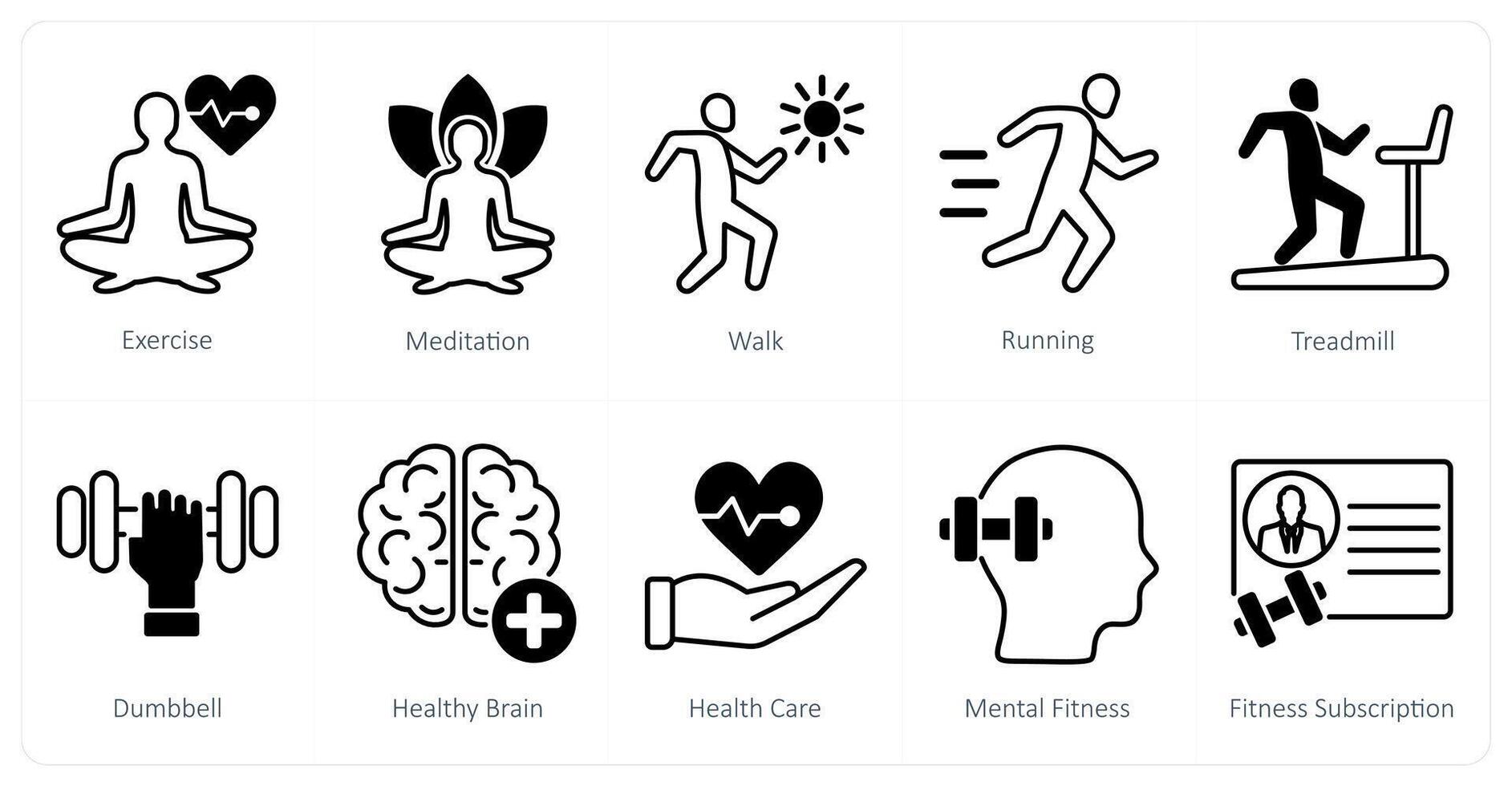 A set of 10 Sports and Fitness icons as exercise, meditation, walk vector