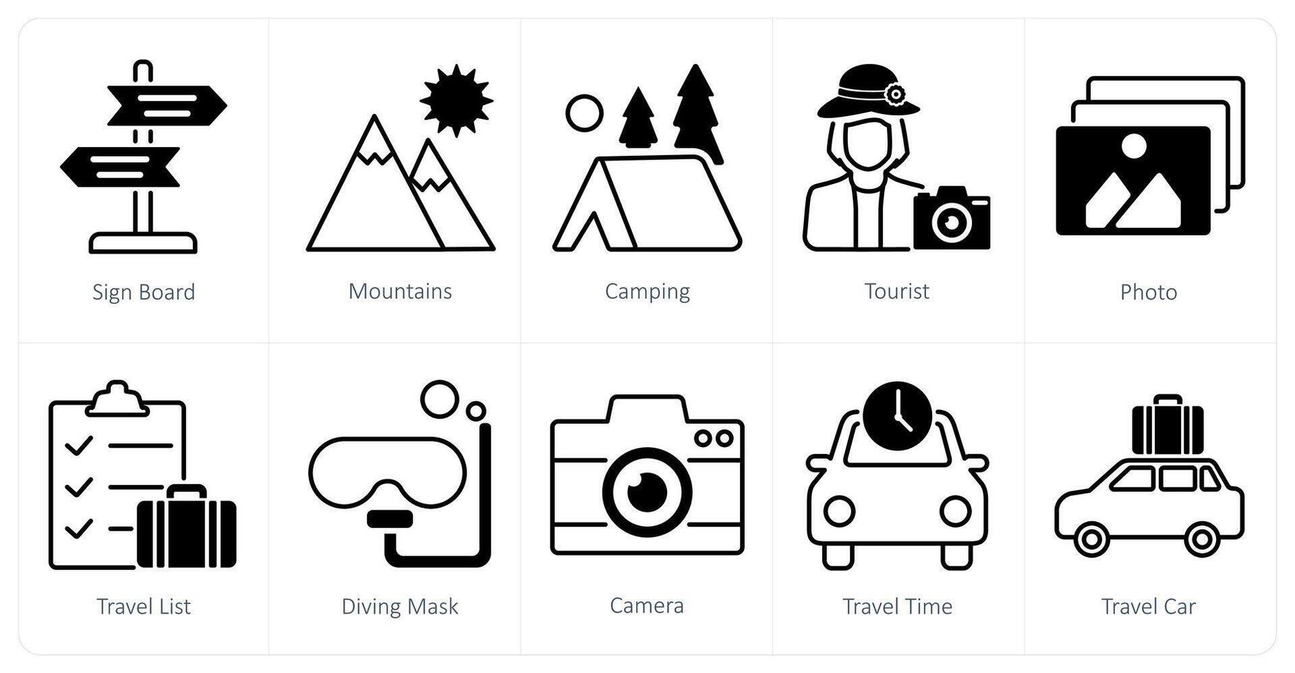 A set of 10 Summer and Vacation icons as sign board, mountains, camping vector