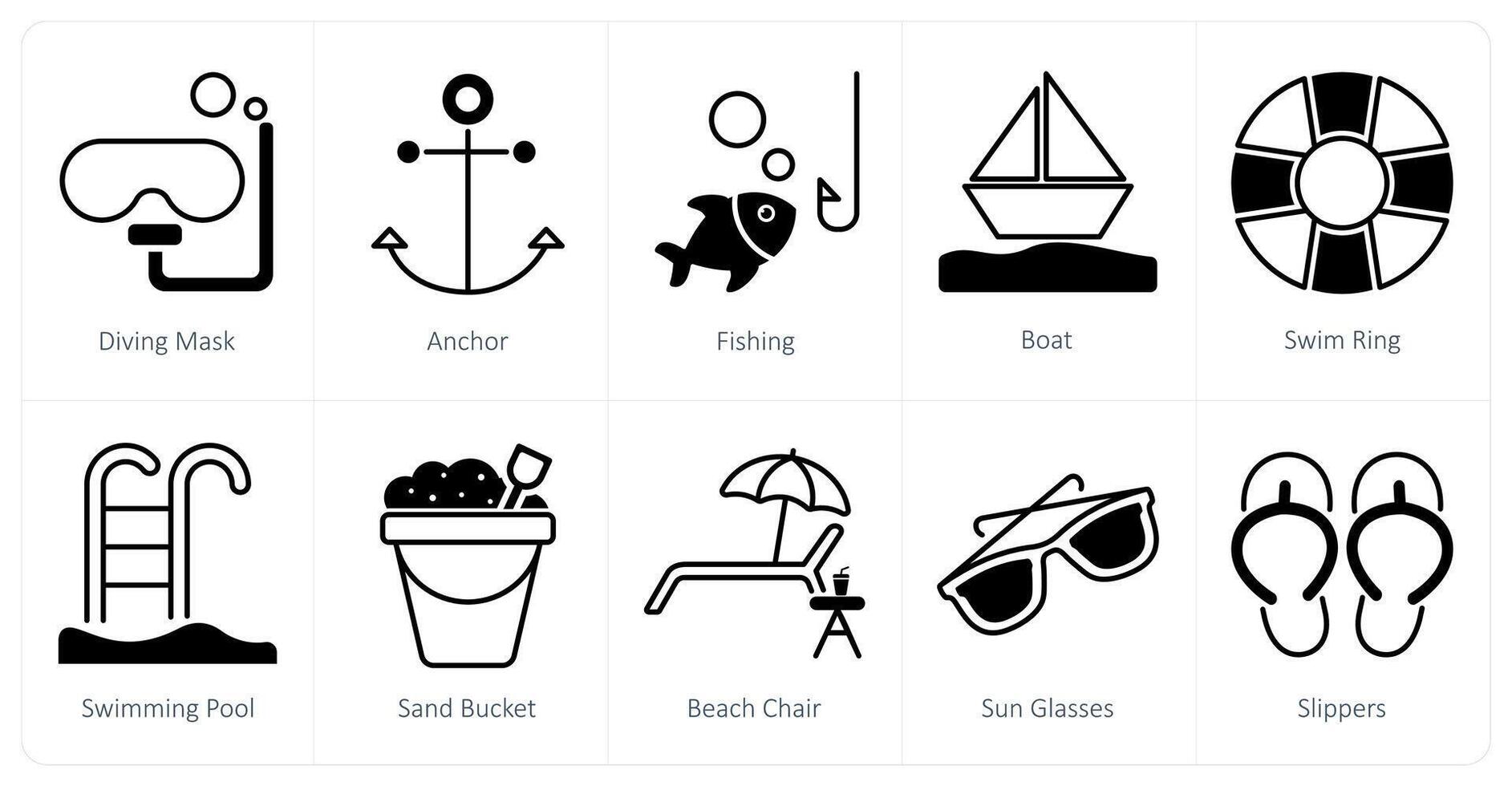 A set of 10 Summer and Vacation icons as diving mask, anchor, fishing vector