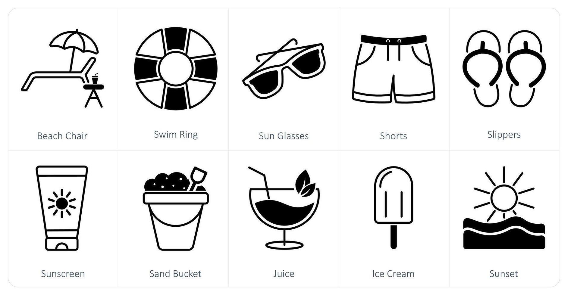 A set of 10 Summer and Vacation icons as beach chair, swim ring, sun glasses vector