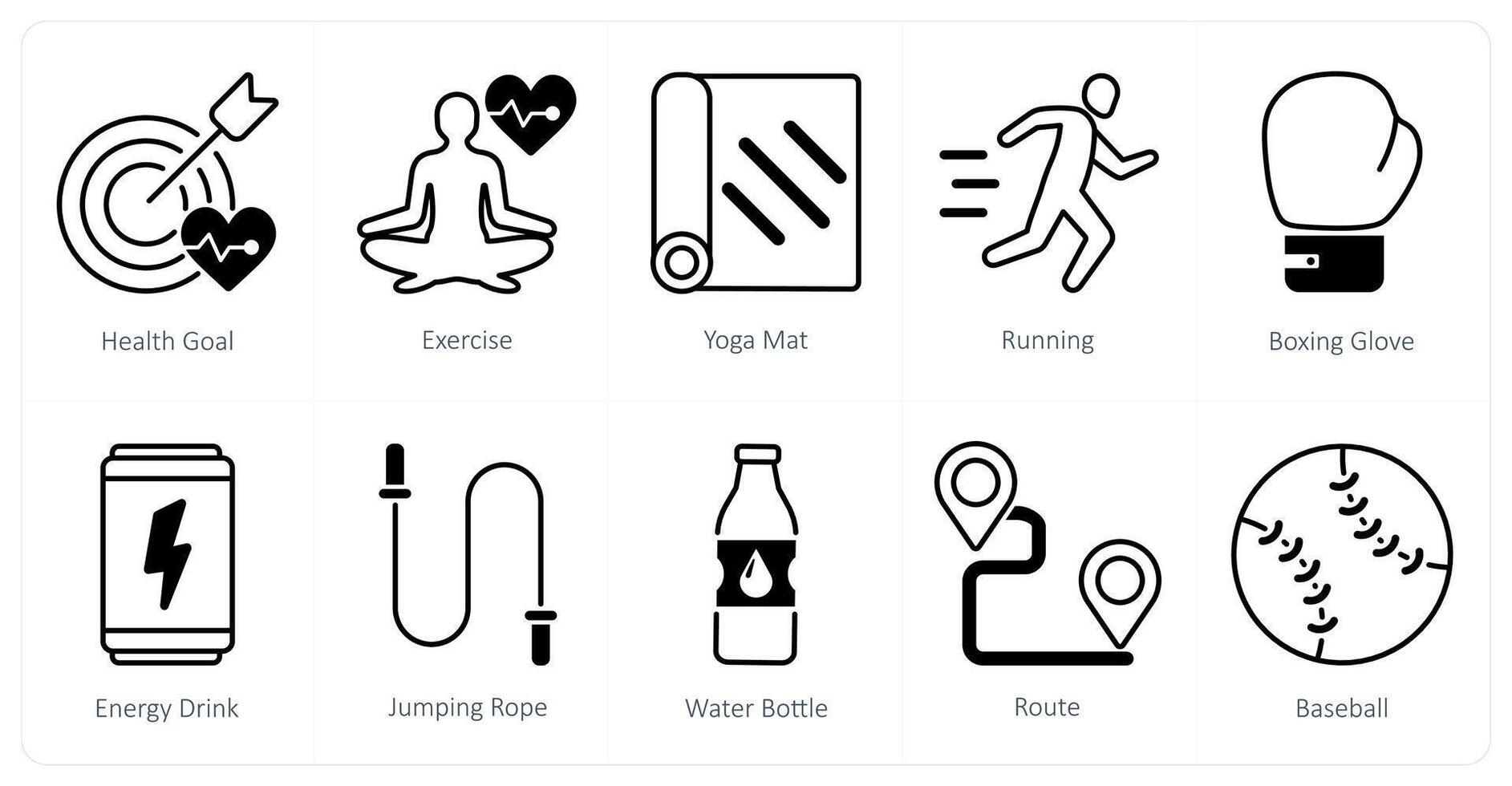 A set of 10 Sports and Fitness icons as health goal, exercise, yoga mat vector