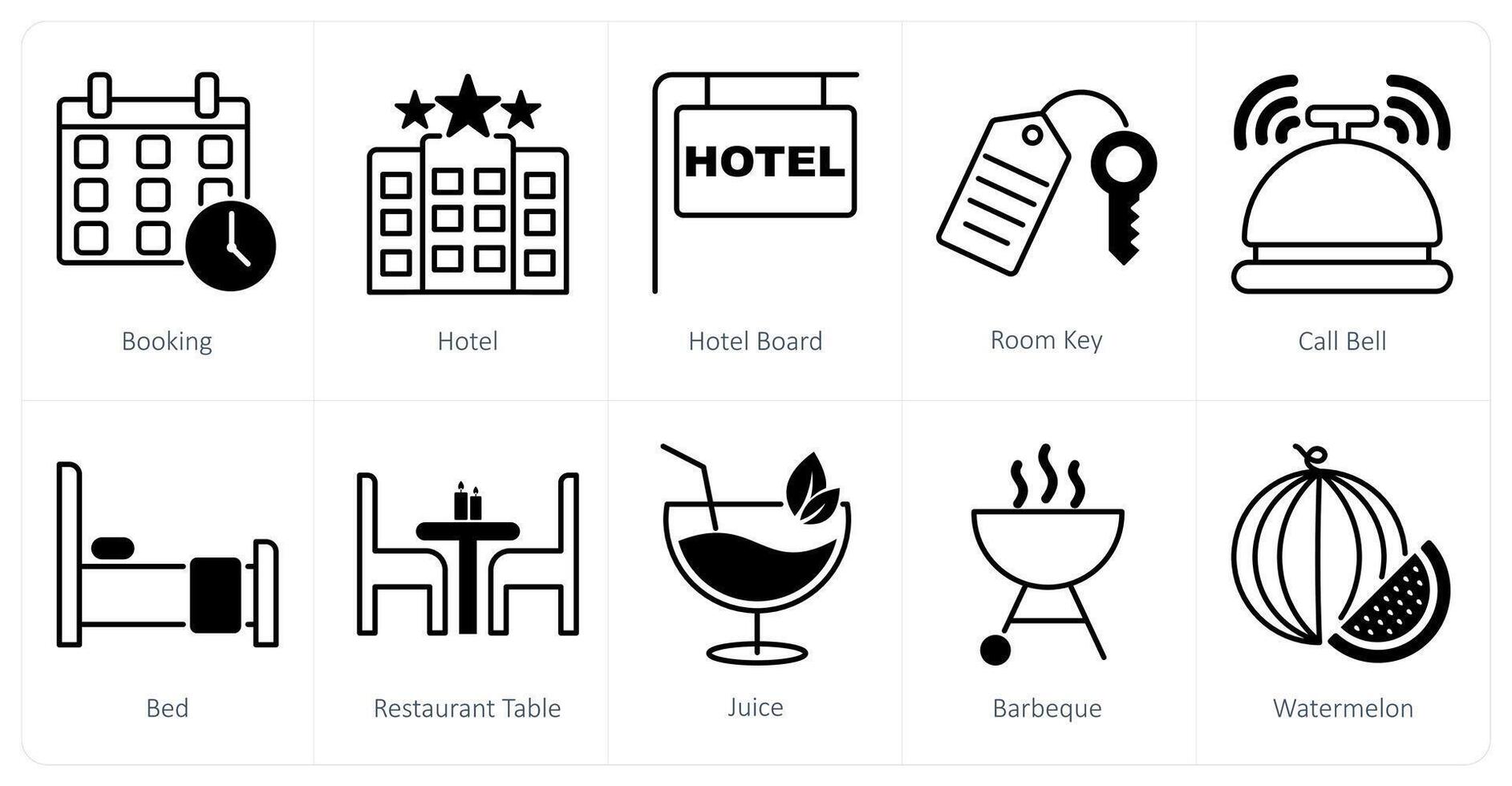 A set of 10 Summer and Vacation icons as booking, hotel, hotel board vector