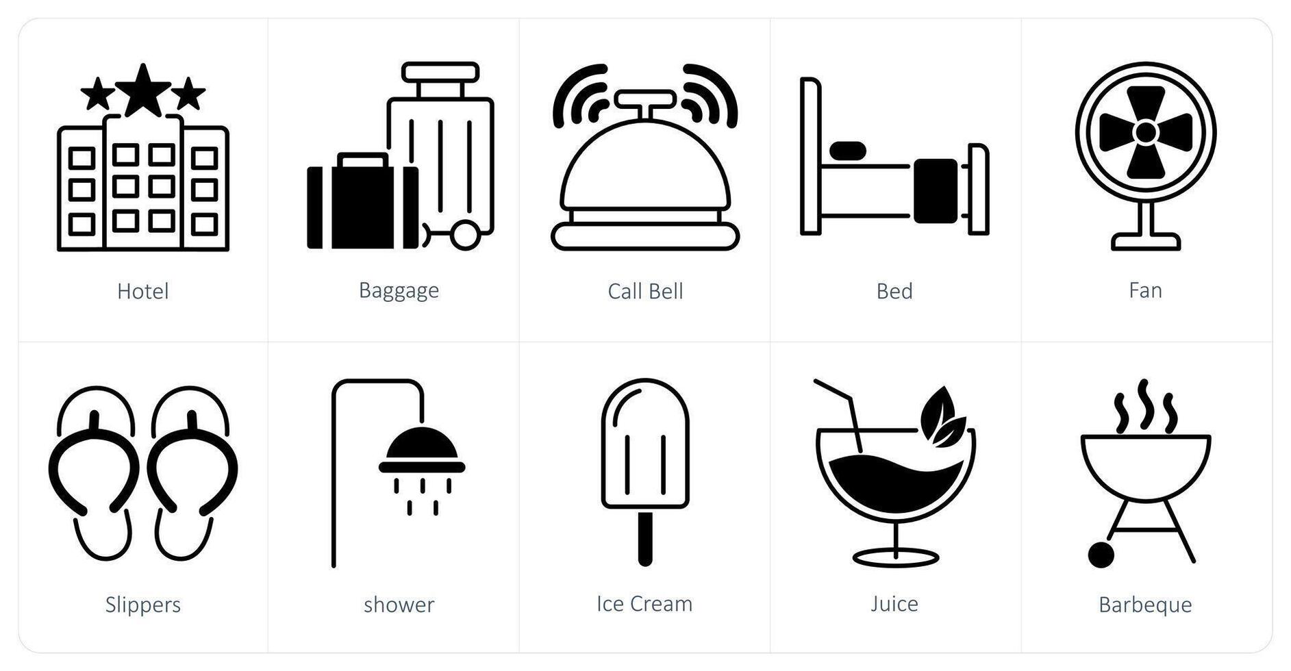 A set of 10 Summer and Vacation icons as hotel, baggage, call bell vector
