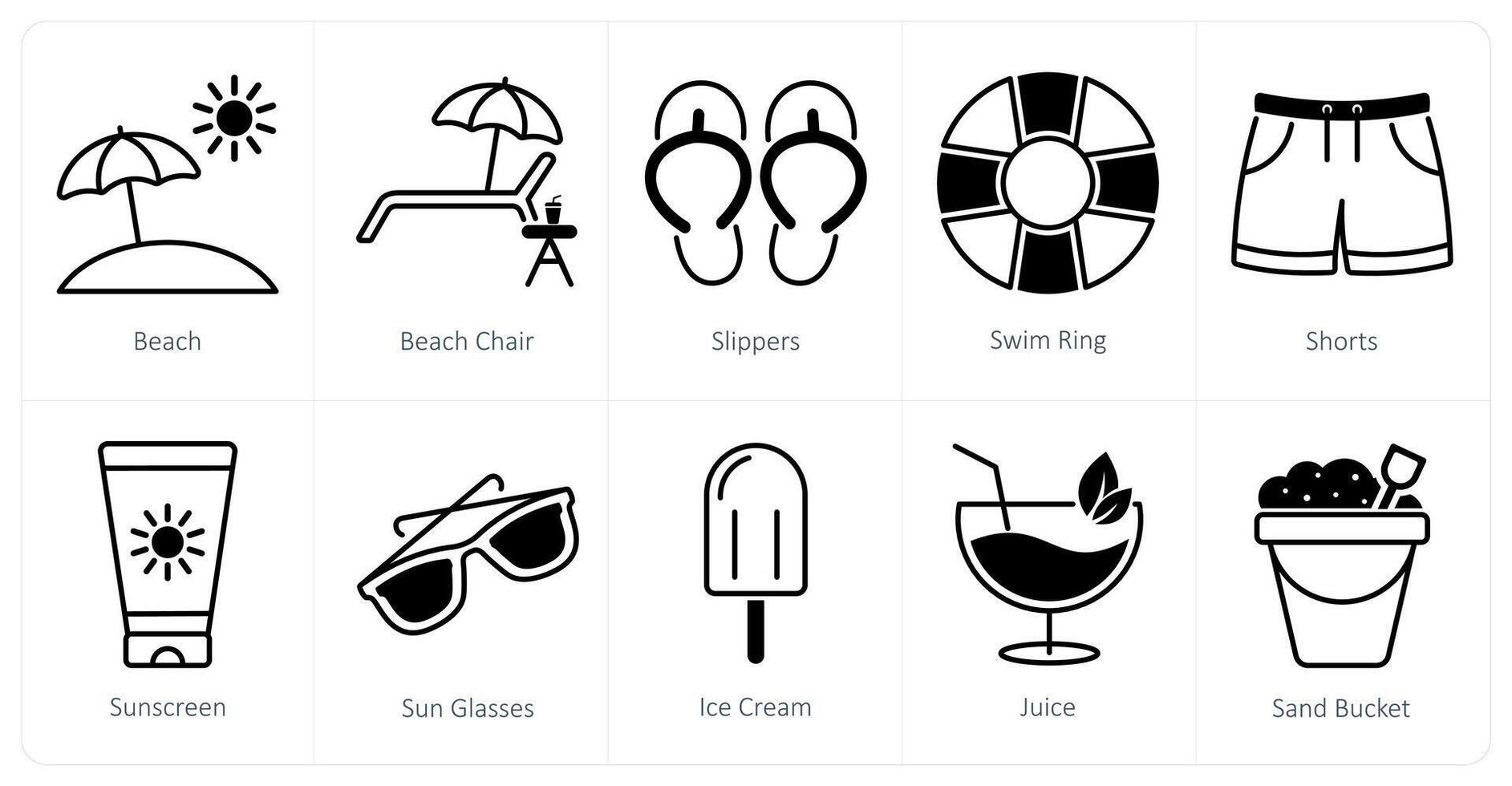 A set of 10 Summer and Vacation icons as beach, beach chair, slippers vector
