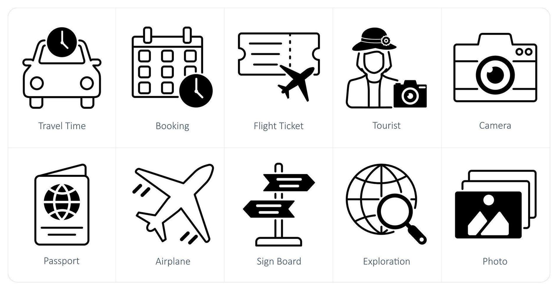 A set of 10 Summer and Vacation icons as travel time, booking, flight ticket vector