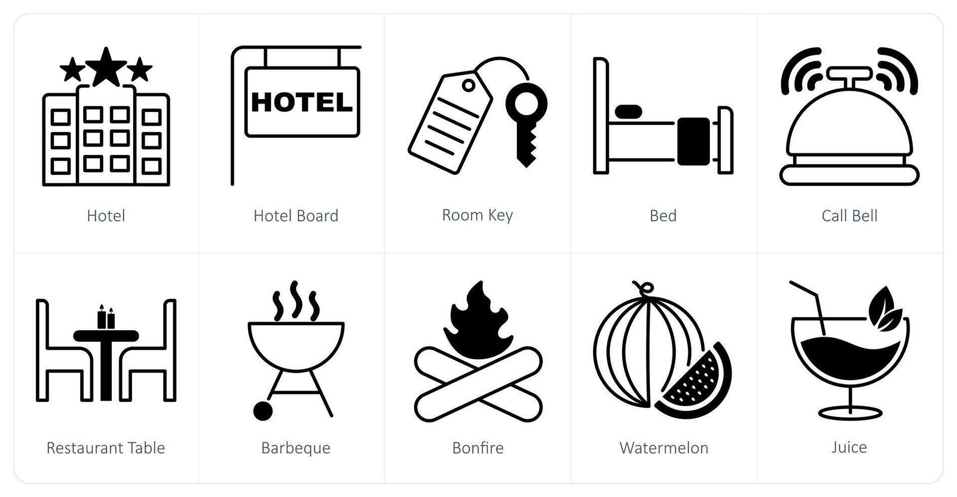 A set of 10 Summer and Vacation icons as hotel, hotel board, room key vector