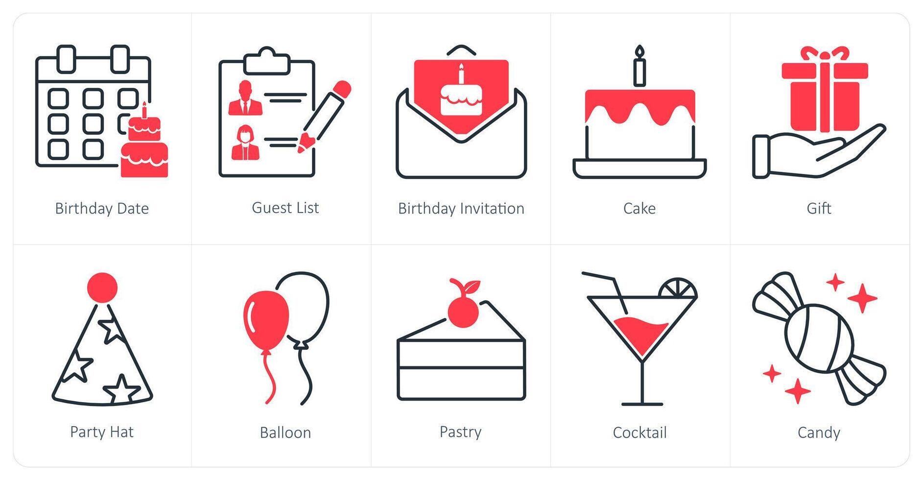 A set of 10 Party and Celebration icons as birthday date, guest list, birthday invitation vector