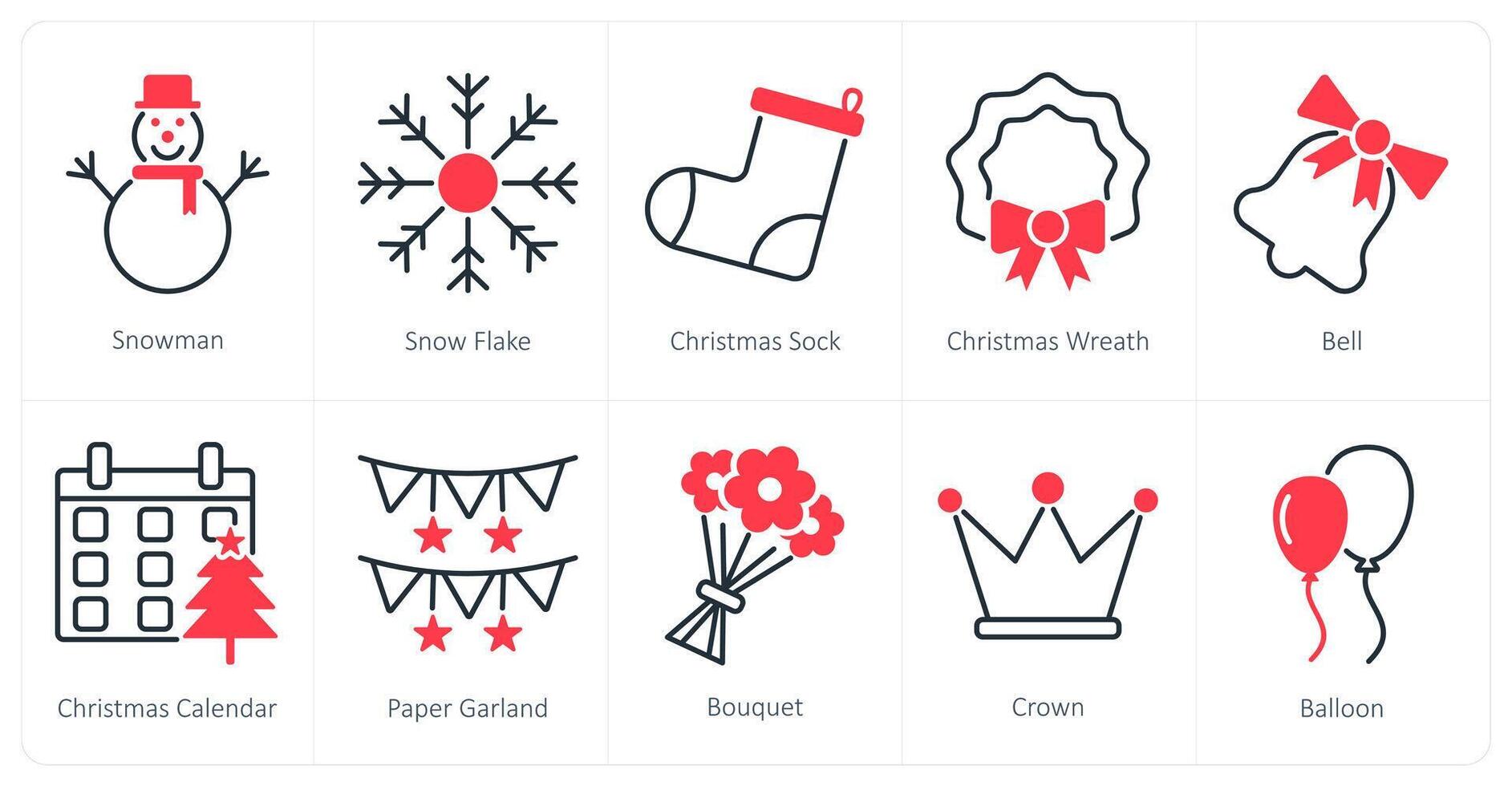 A set of 10 Party and Celebration icons as snowman, snow flake, christmas sock vector
