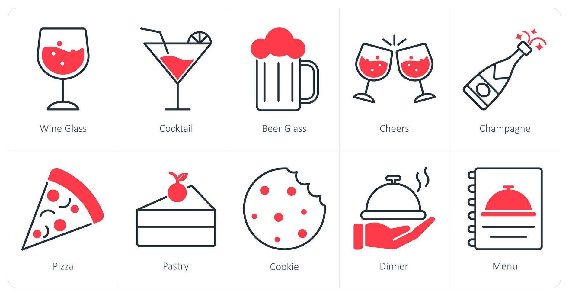 A set of 10 Party and Celebration icons as wine glass, cocktail, beer glass vector