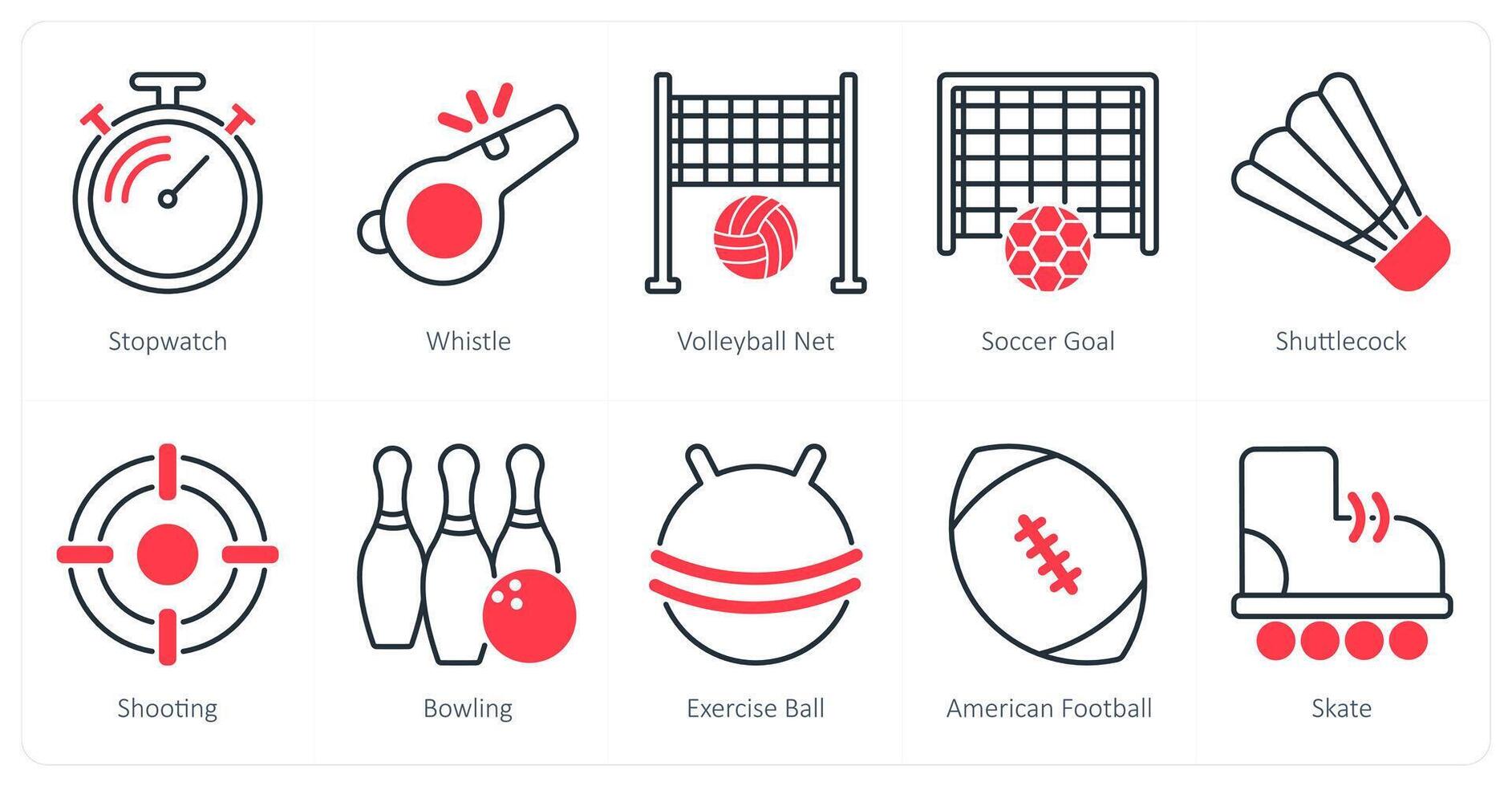 A set of 10 Sports and Fitness icons as stopwatch, whistle, volleyball net vector