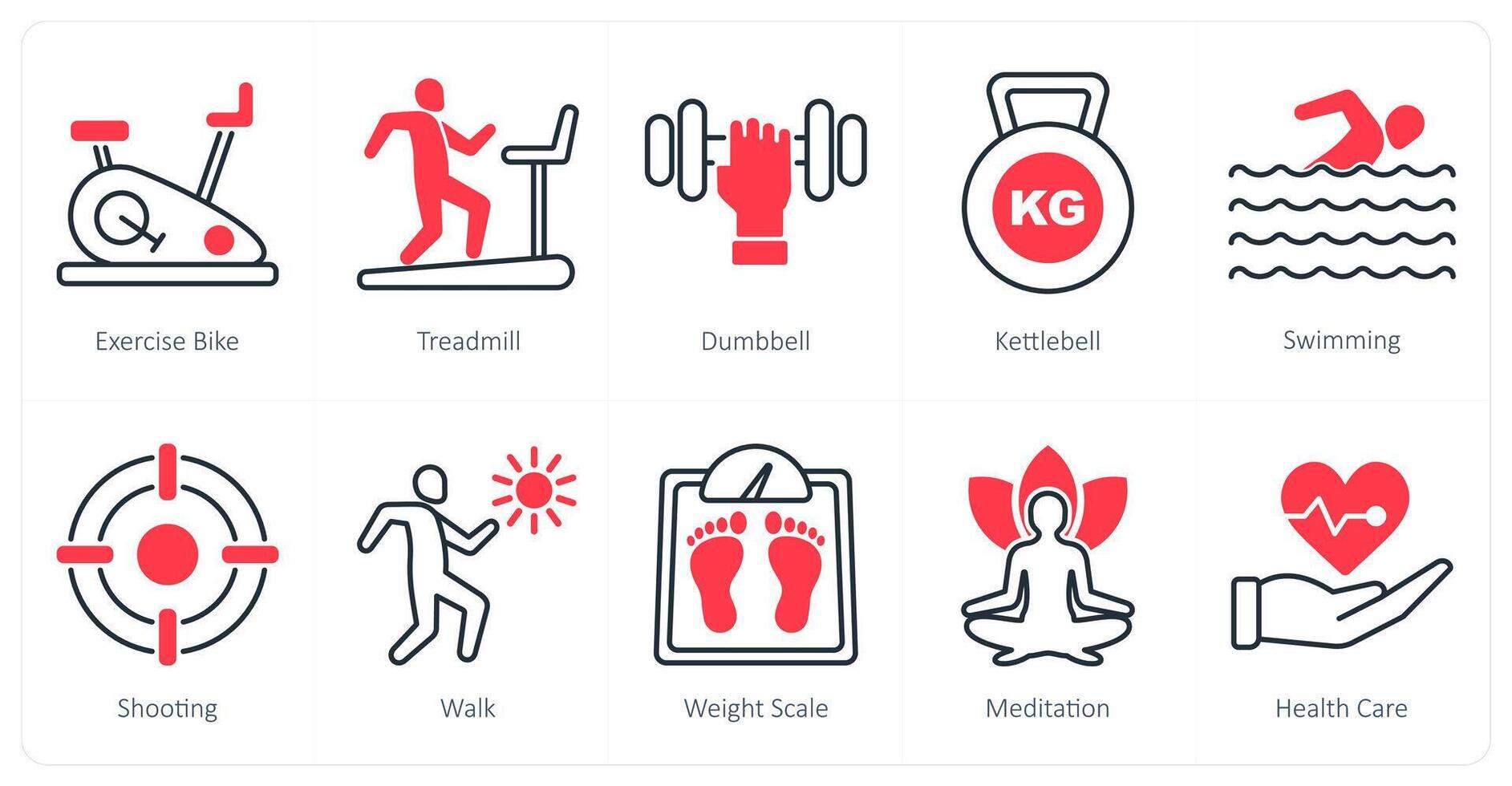 A set of 10 Sports and Fitness icons as exercise bike, treadmill, dumb bell vector