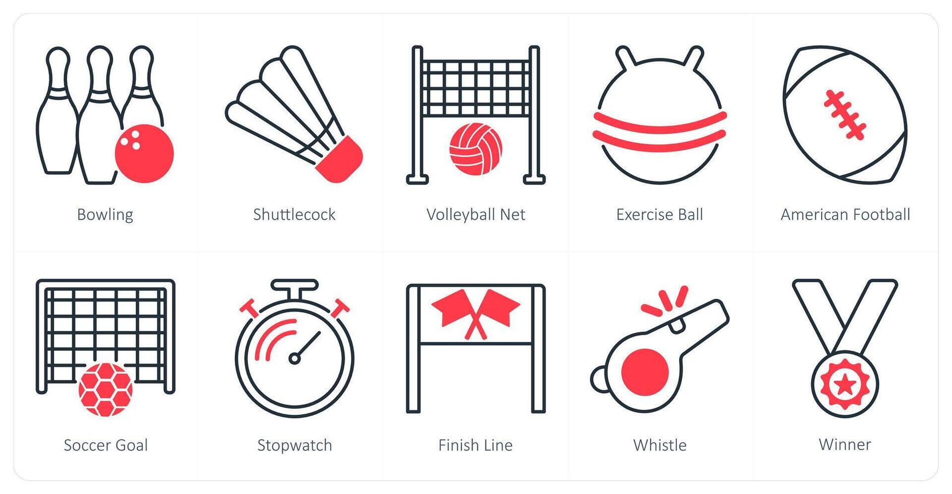 A set of 10 Sports and Fitness icons as bowling, shuttlecock, volleyball net vector