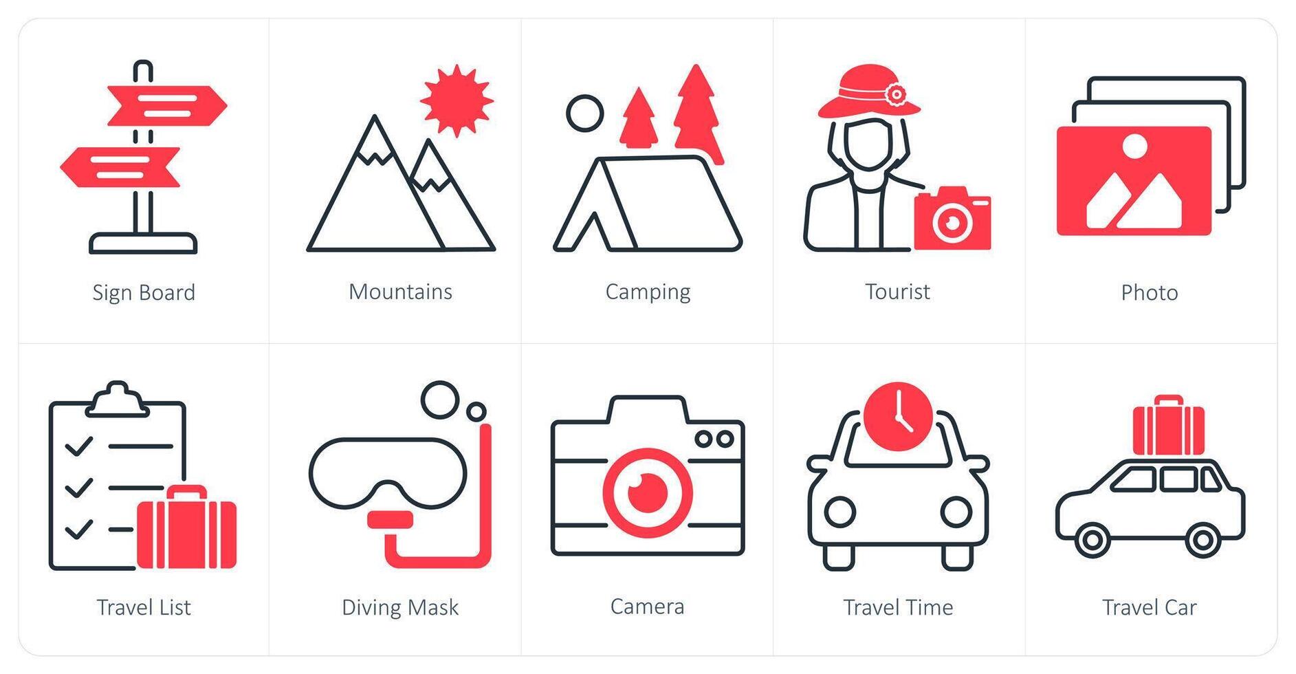 A set of 10 Summer and Vacation icons as sign board, mountains, camping vector