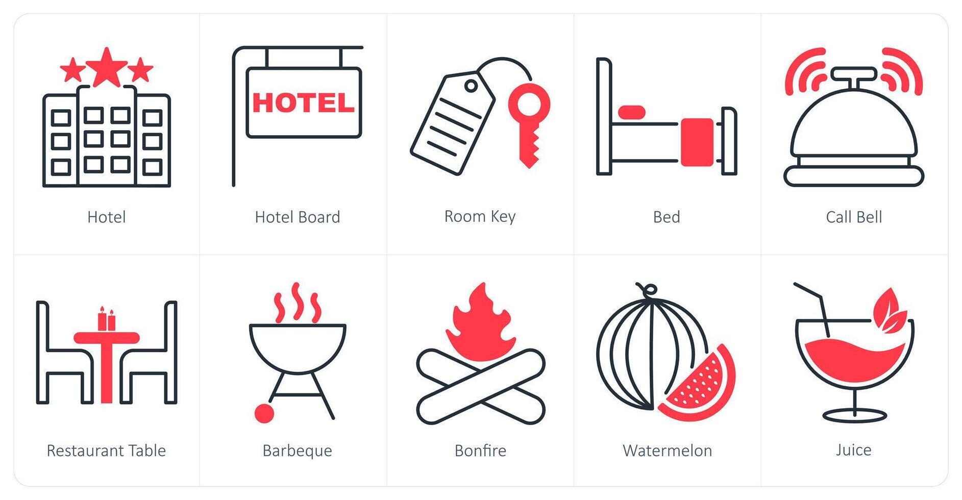 A set of 10 Summer and Vacation icons as hotel, hotel board, room key vector