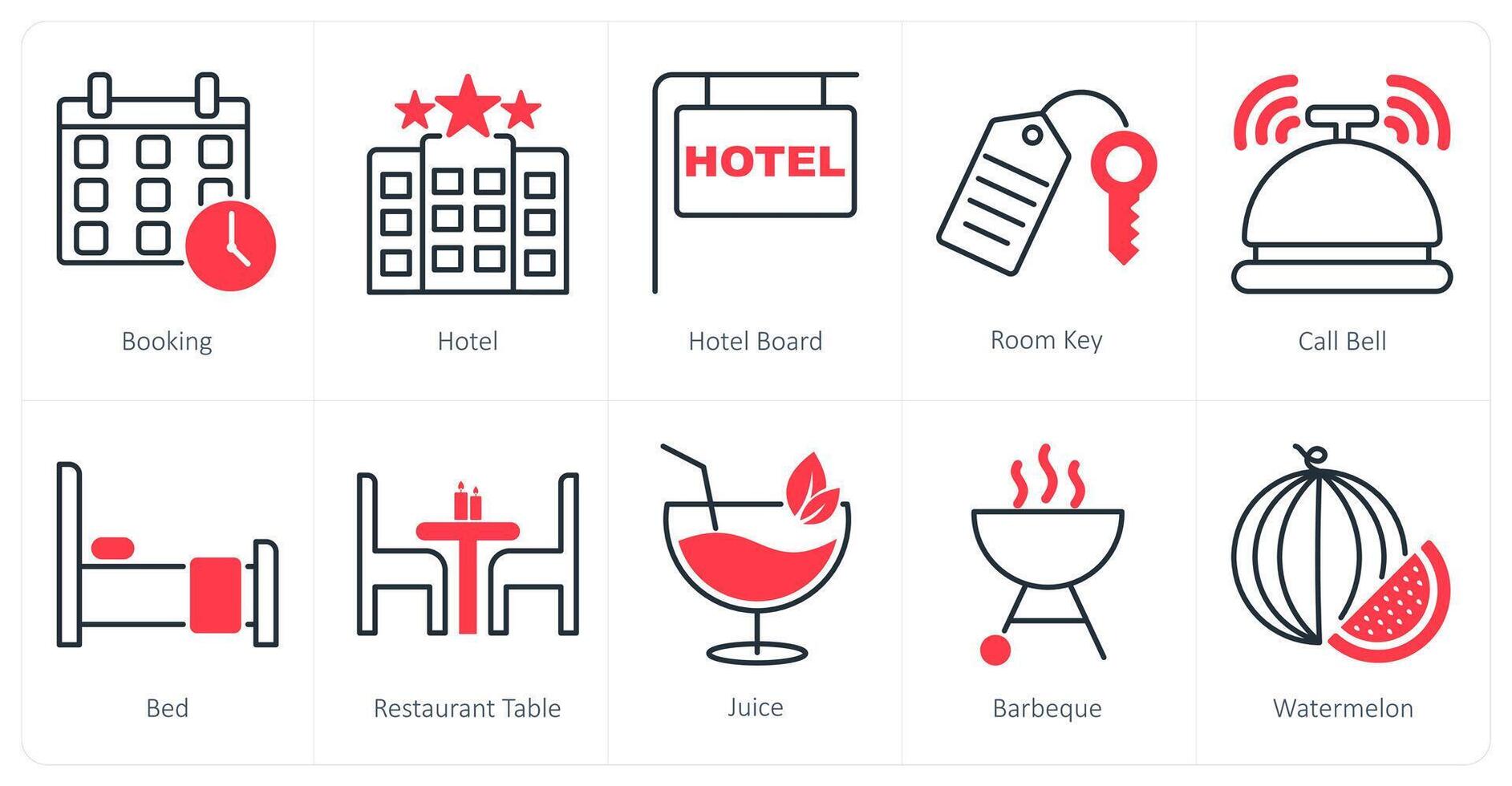 A set of 10 Summer and Vacation icons as booking, hotel, hotel board vector