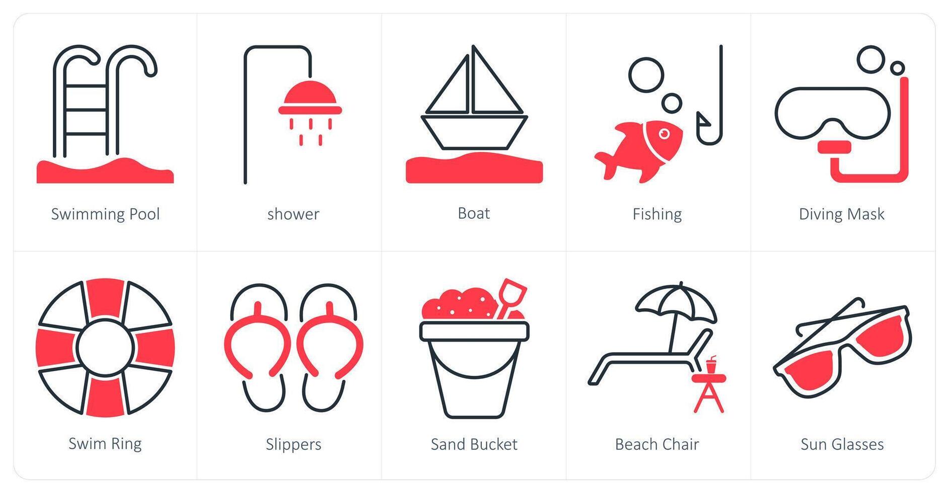 A set of 10 Summer and Vacation icons as swimming pool, shower, boat vector