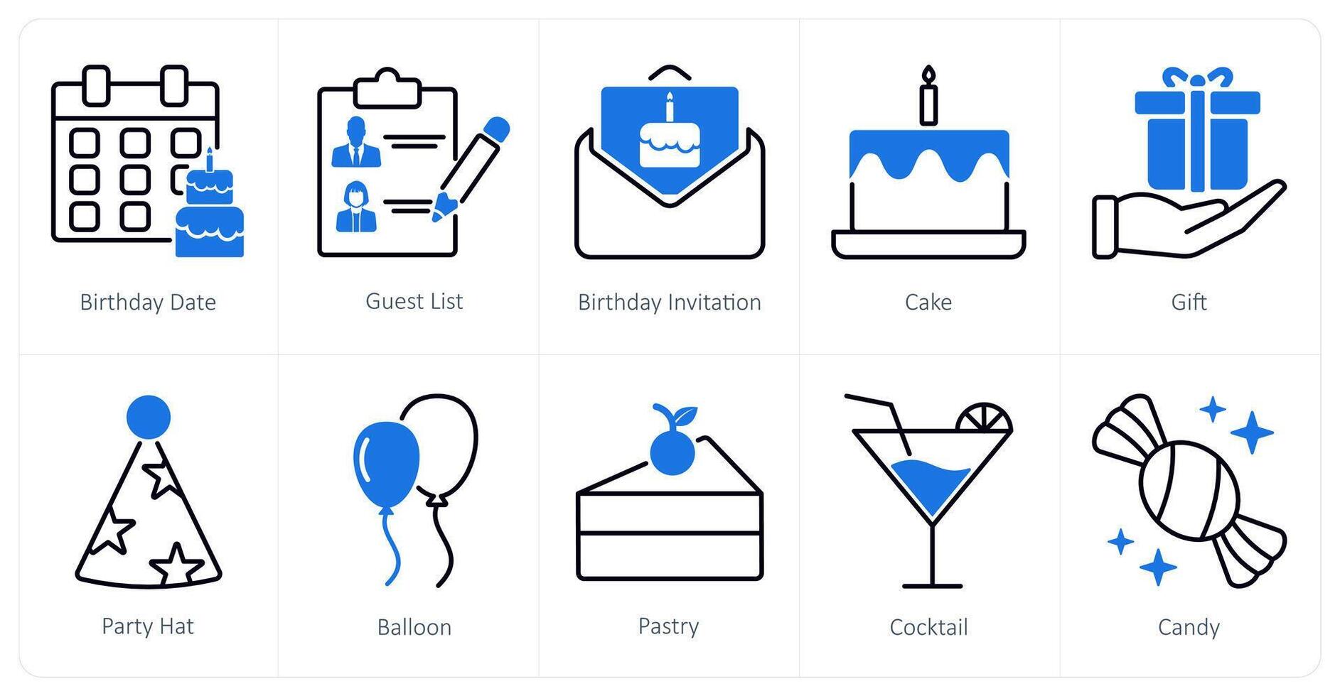 A set of 10 Party and Celebration icons as birthday date, guest list, birthday invitation vector