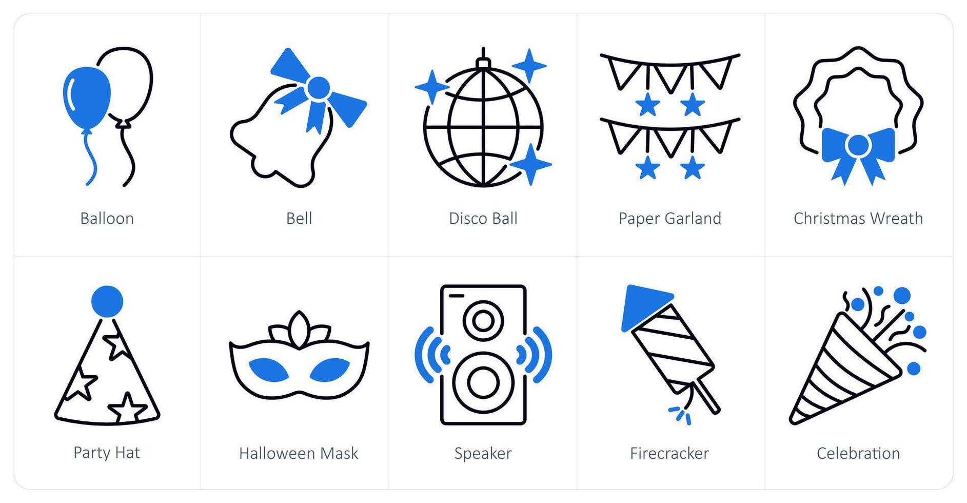 A set of 10 Party and Celebration icons as balloon, bell, disco ball vector