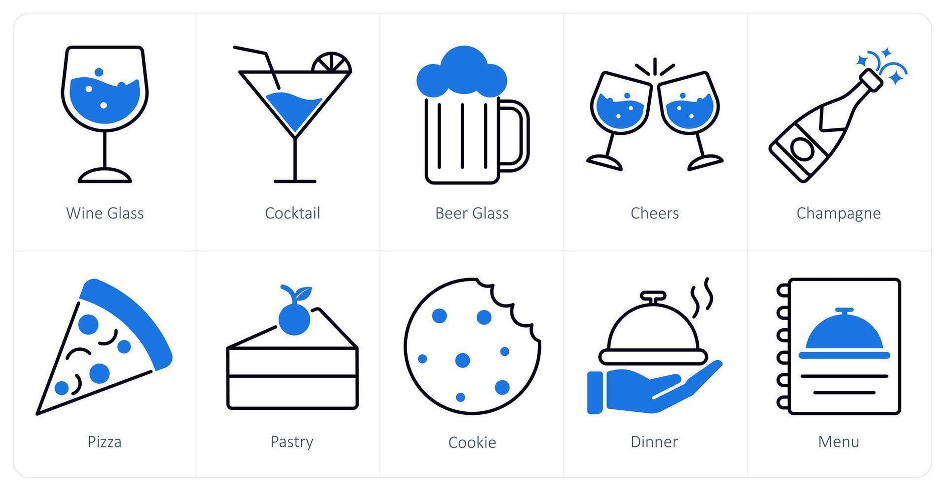 A set of 10 Party and Celebration icons as wine glass, cocktail, beer glass vector