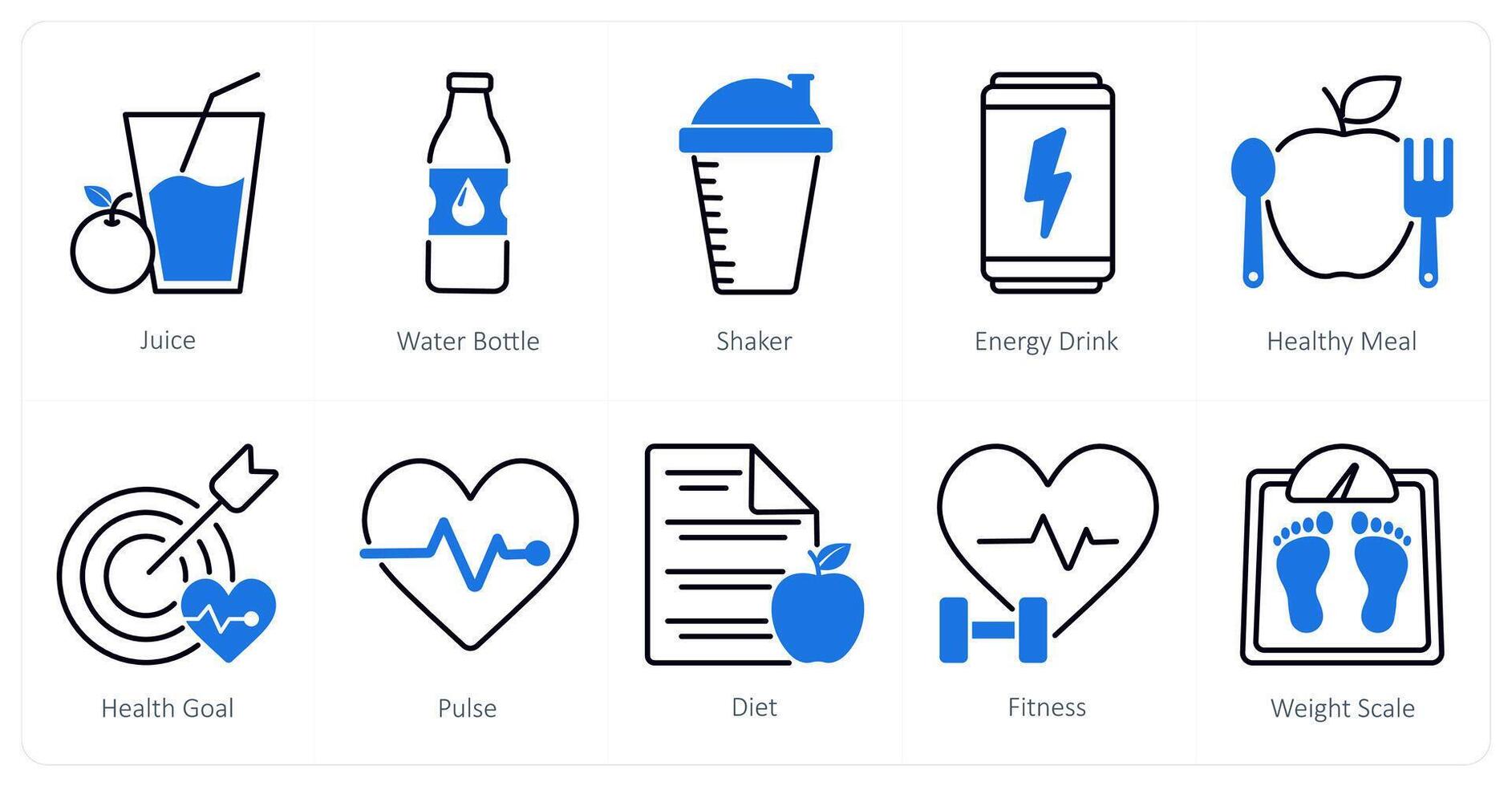 A set of 10 Sports and Fitness icons as juice, water bottle, shaker vector