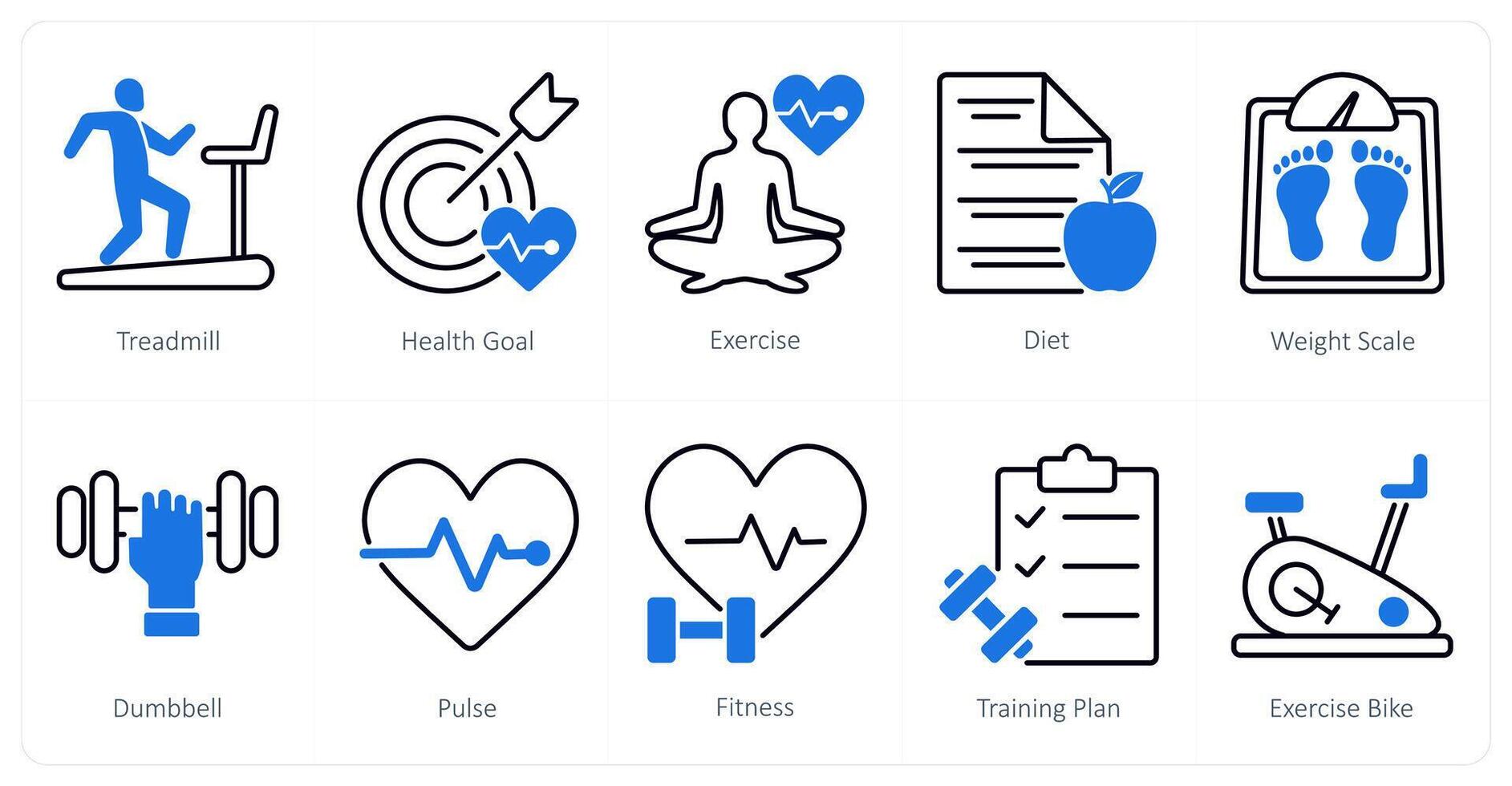 A set of 10 Sports and Fitness icons as treadmill, health goal, exercise vector