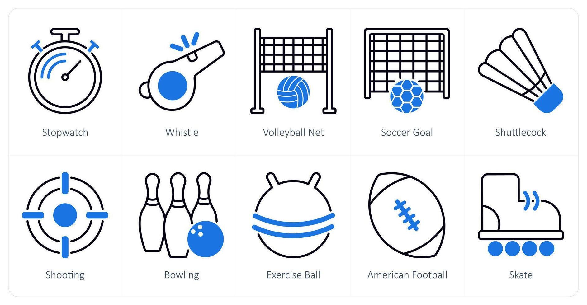 A set of 10 Sports and Fitness icons as stopwatch, whistle, volleyball net vector