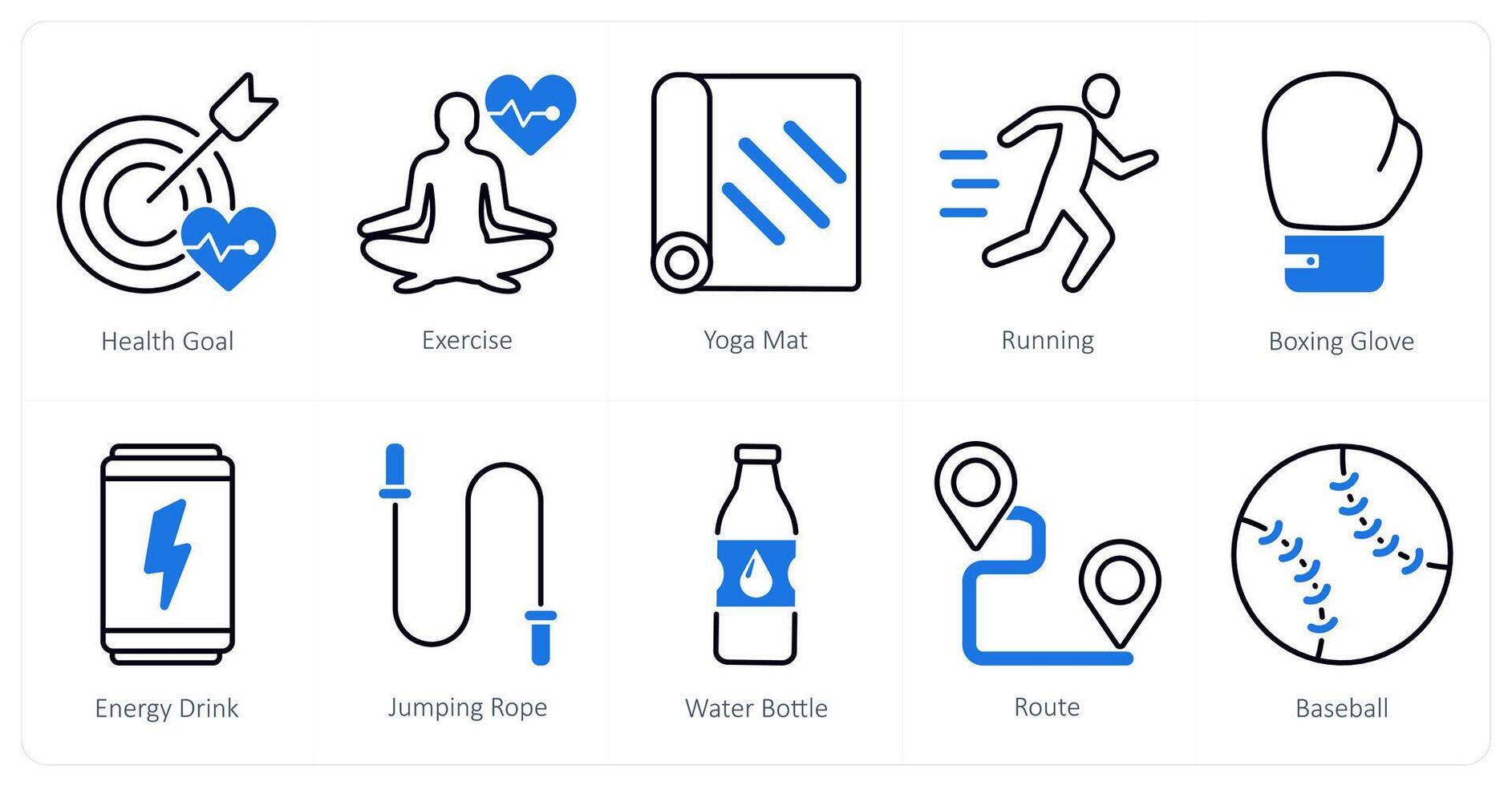 A set of 10 Sports and Fitness icons as health goal, exercise, yoga mat vector