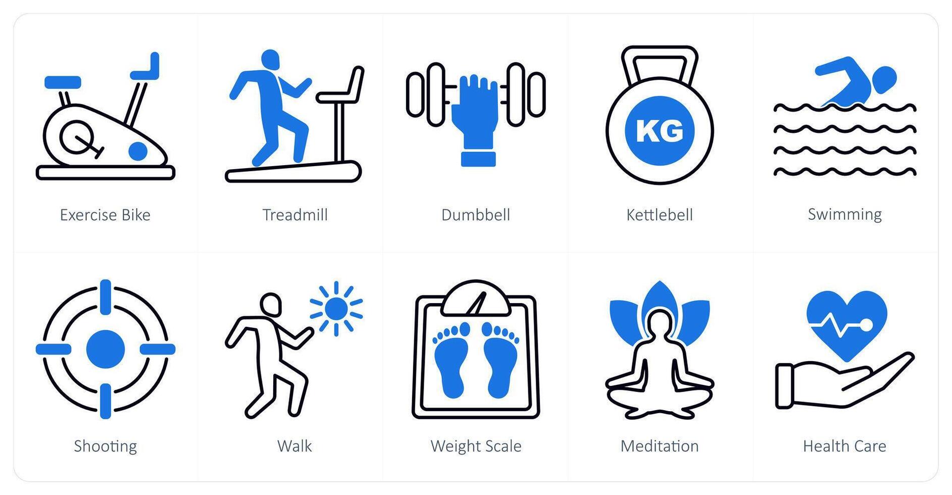 A set of 10 Sports and Fitness icons as exercise bike, treadmill, dumb bell vector
