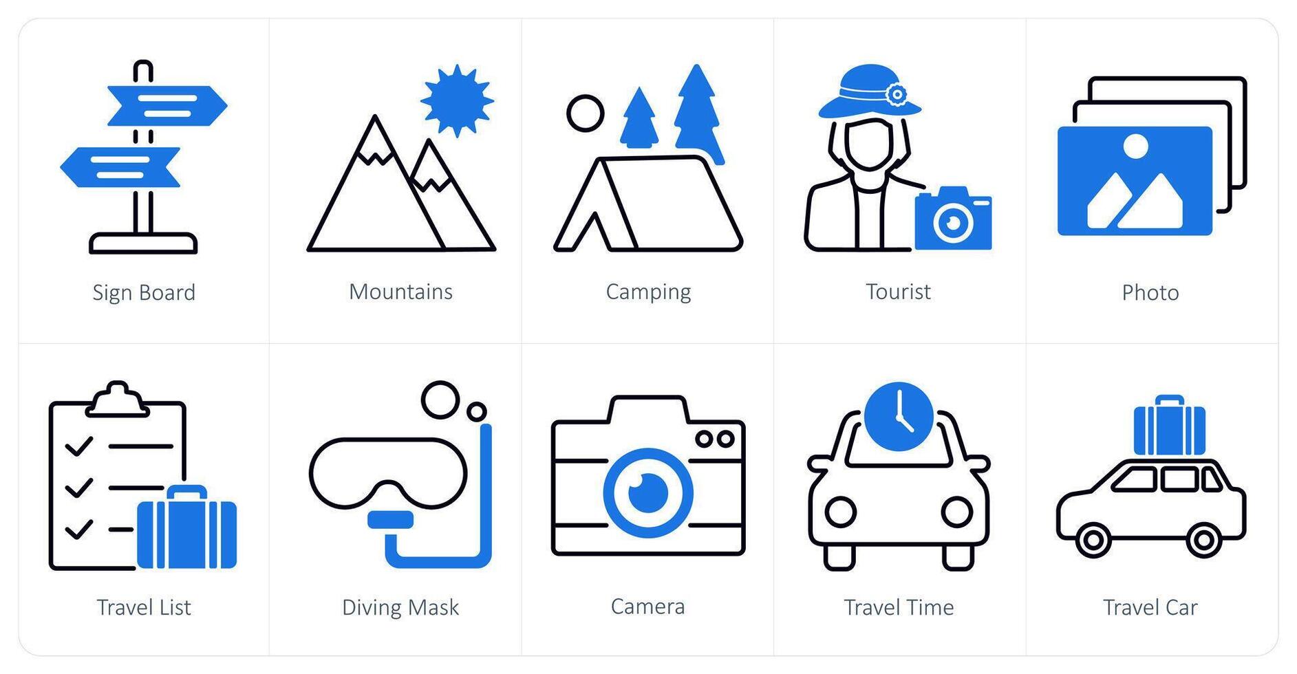 A set of 10 Summer and Vacation icons as sign board, mountains, camping vector