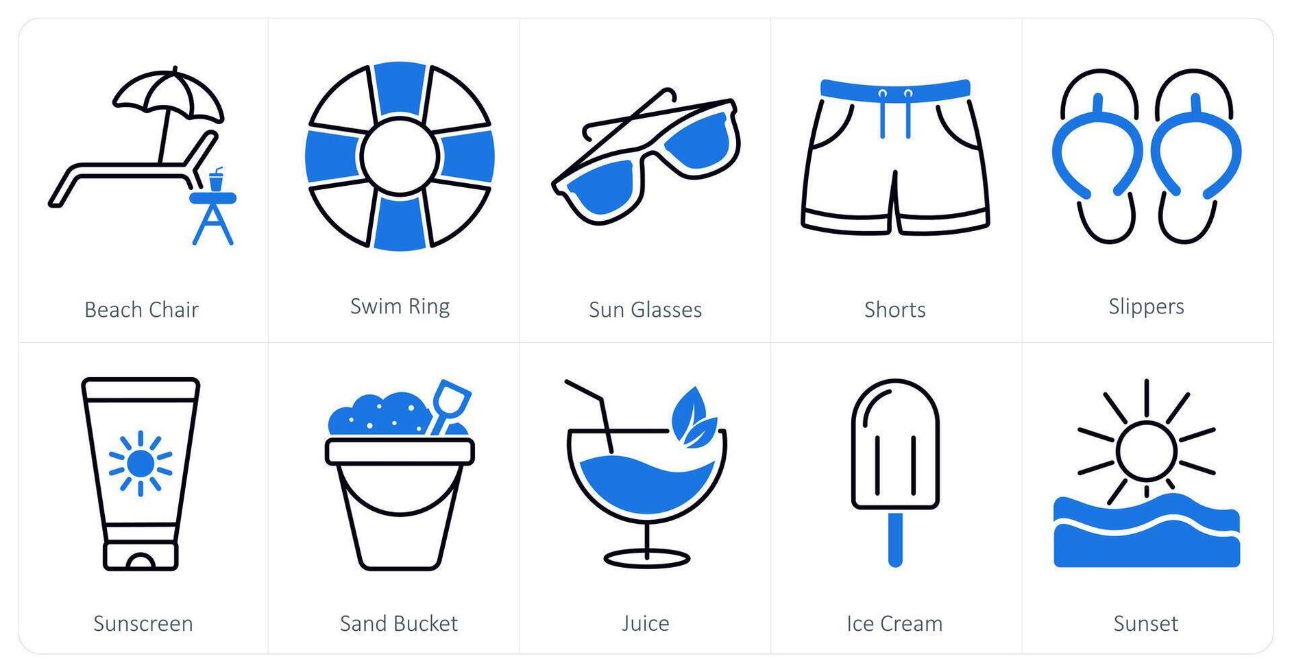A set of 10 Summer and Vacation icons as beach chair, swim ring, sun glasses vector