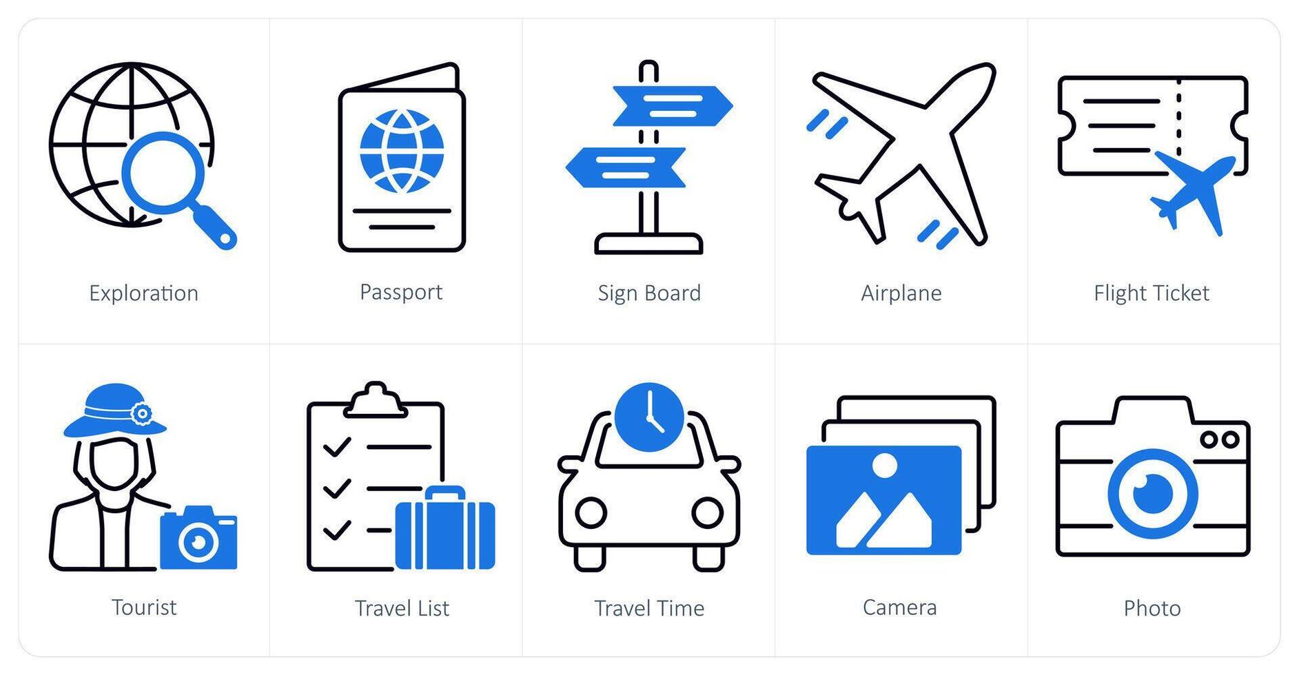 A set of 10 Summer and Vacation icons as exploration, passport, sign board vector
