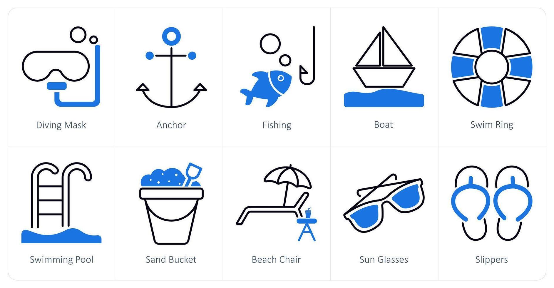 A set of 10 Summer and Vacation icons as diving mask, anchor, fishing vector
