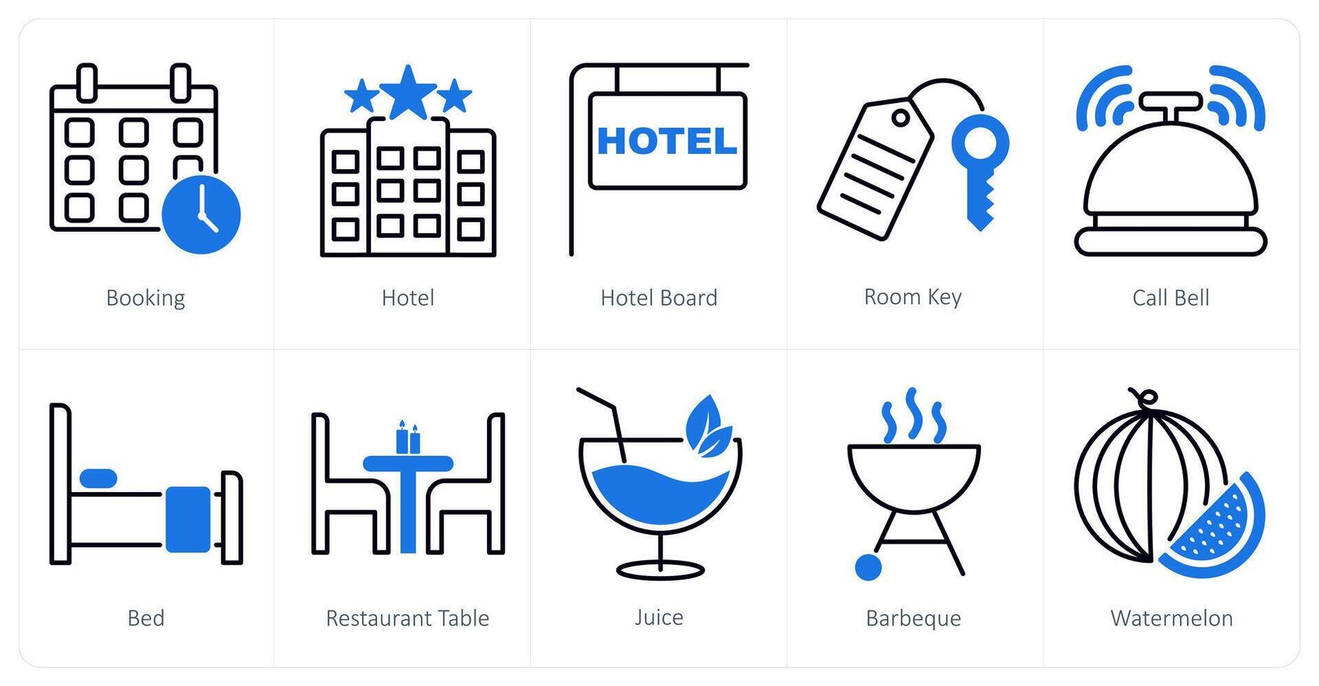 A set of 10 Summer and Vacation icons as booking, hotel, hotel board vector