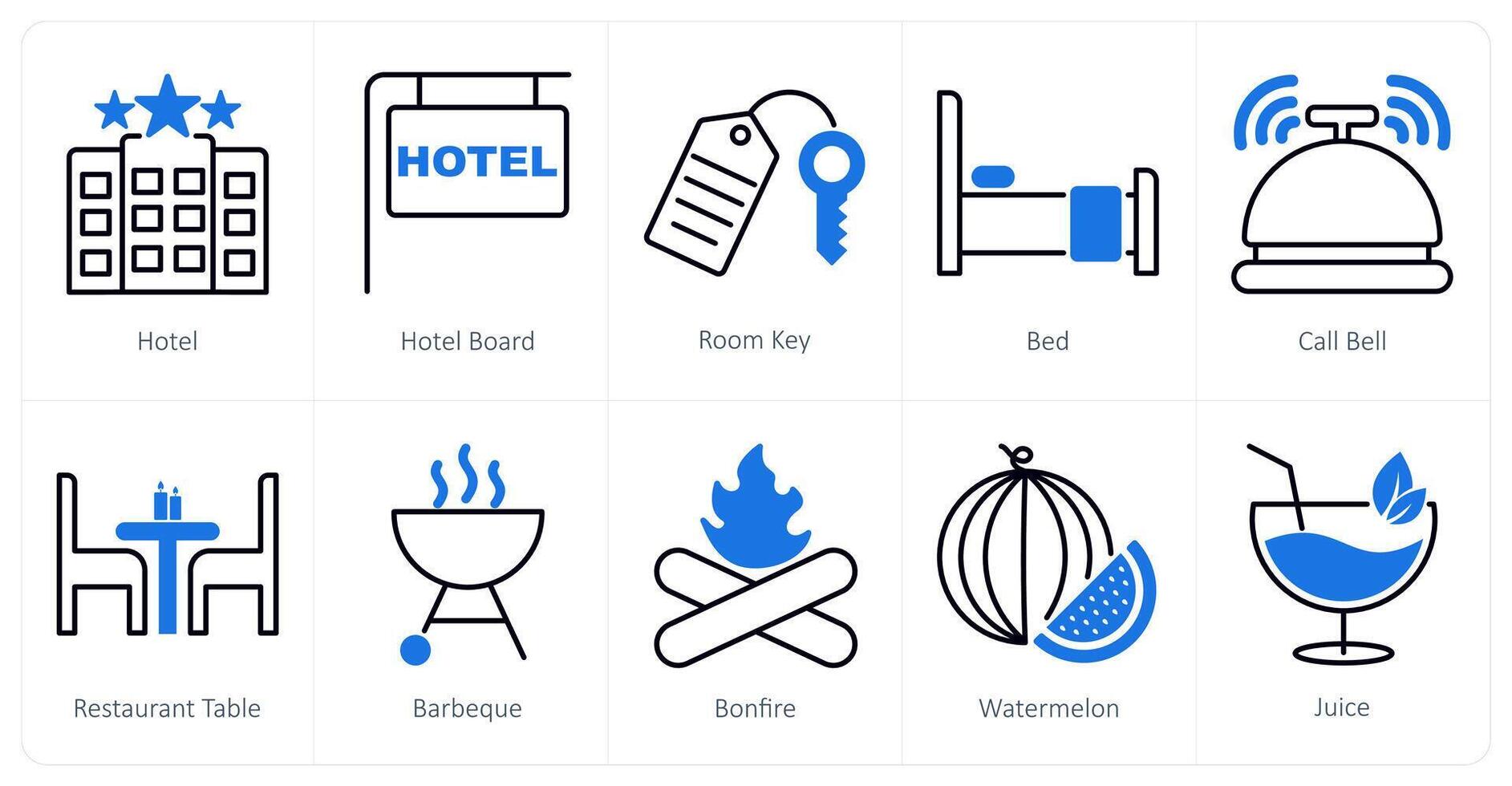 A set of 10 Summer and Vacation icons as hotel, hotel board, room key vector