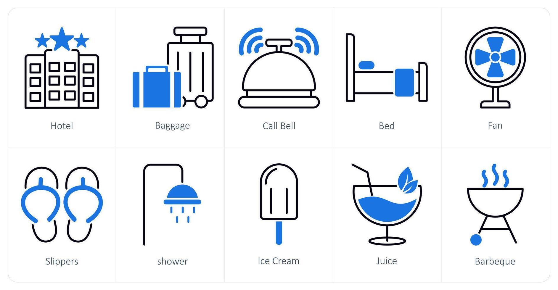 A set of 10 Summer and Vacation icons as hotel, baggage, call bell vector