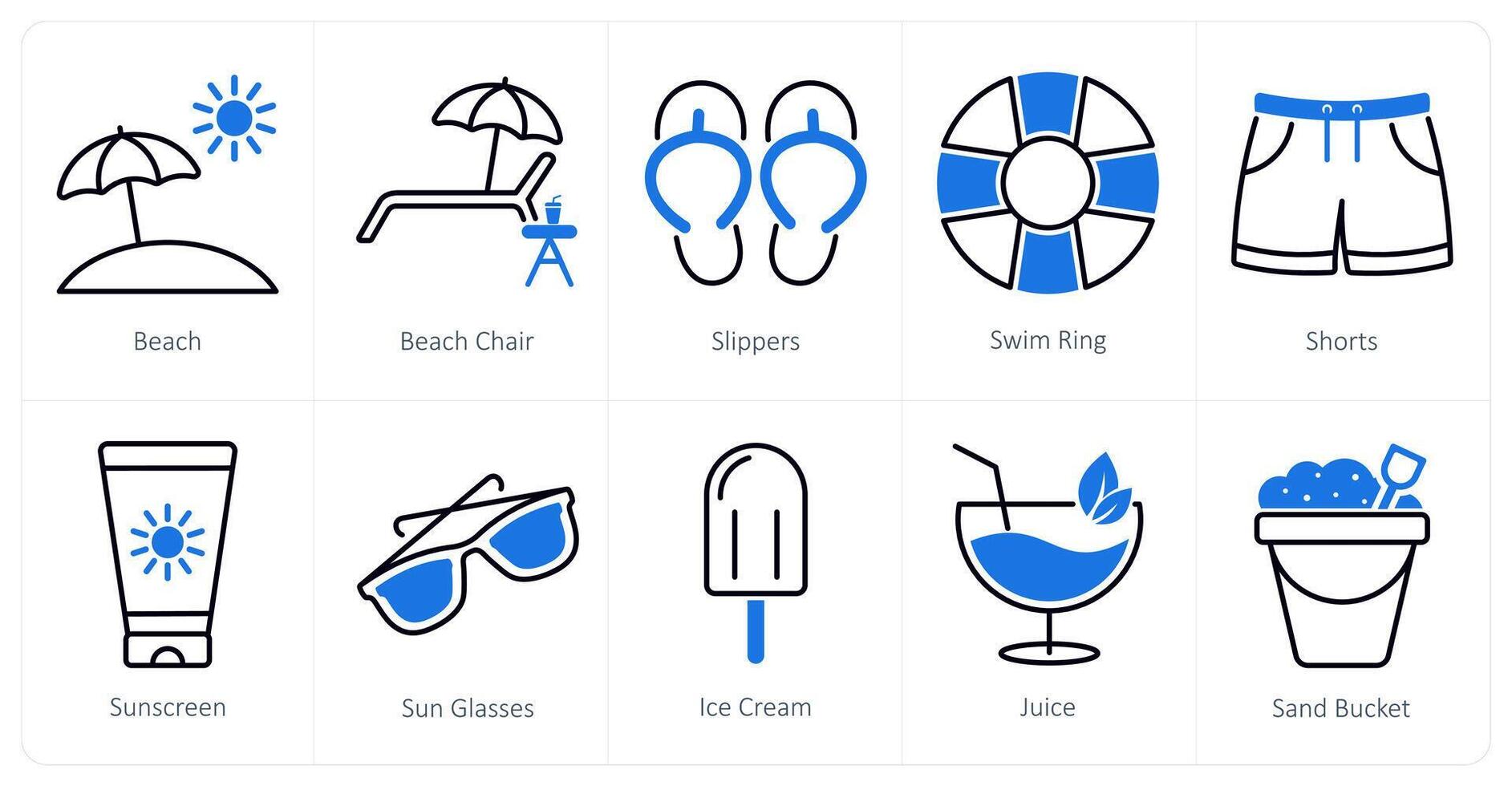 A set of 10 Summer and Vacation icons as beach, beach chair, slippers vector