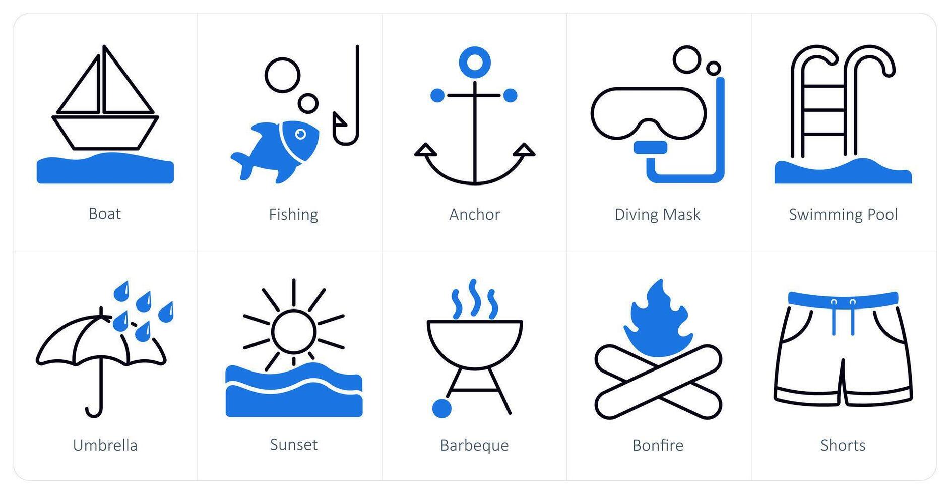 A set of 10 Summer and Vacation icons as boat, fishing, anchor vector