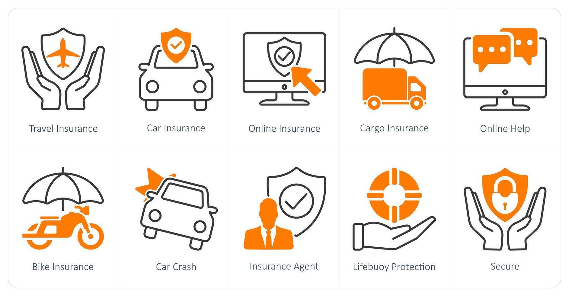 A set of 10 Mix icons as travel insurance, car insurance, online insurance vector