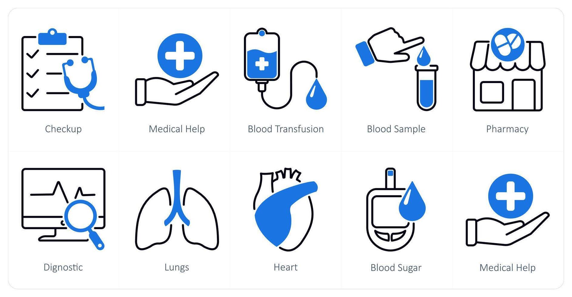 A set of 10 Mix icons as checkup, medical help, blood transfusion vector