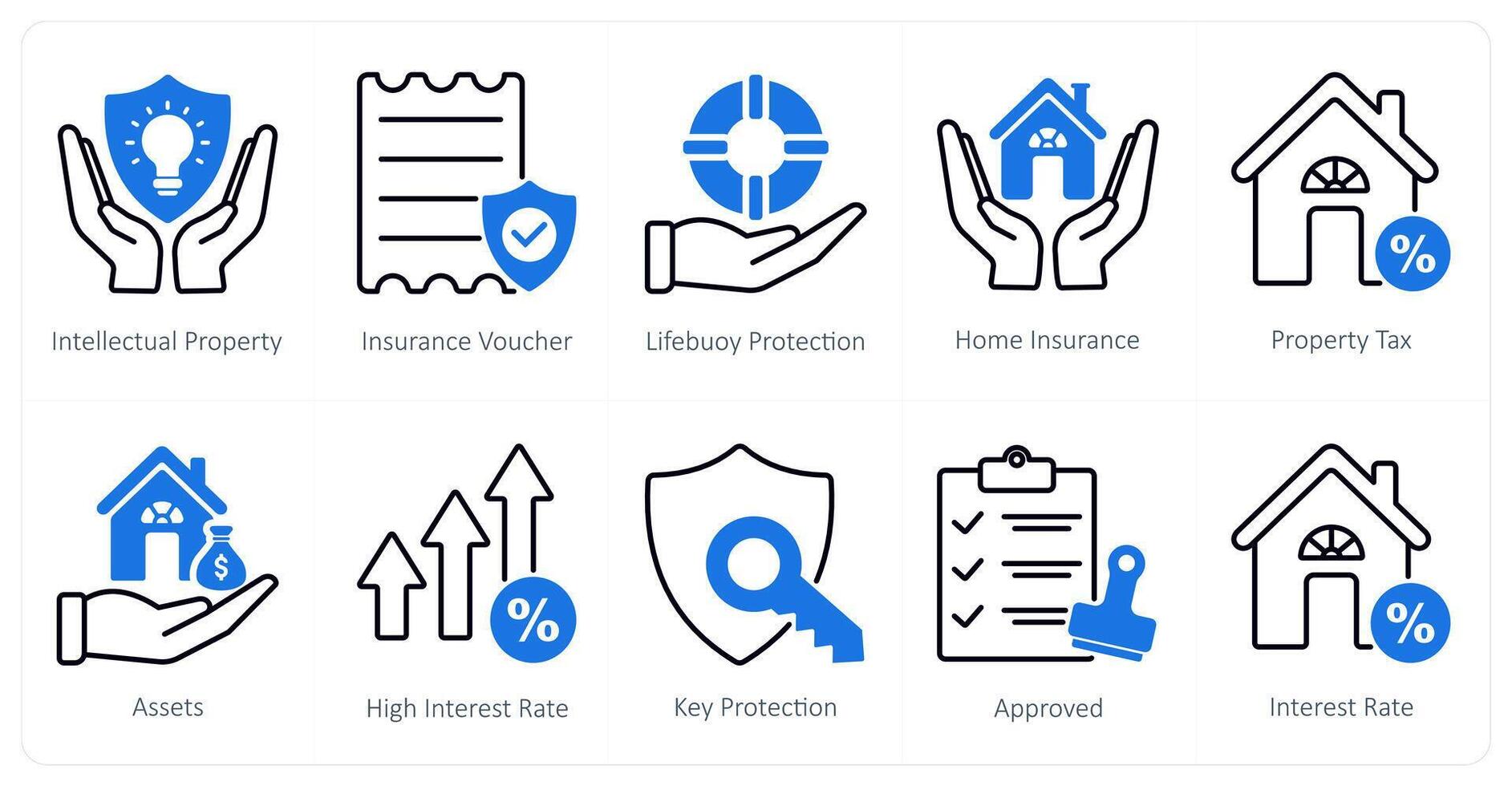 A set of 10 Mix icons as intellectual property, insurance voucher, lifebuoy protection vector