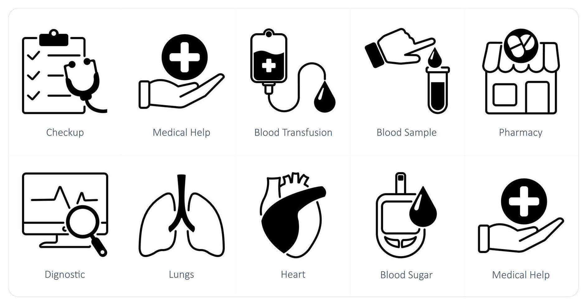 A set of 10 Mix icons as checkup, medical help, blood transfusion vector