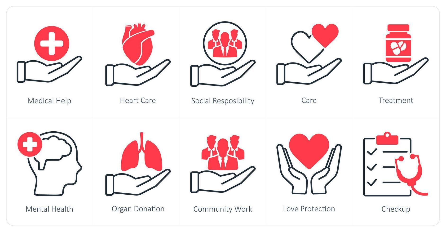 A set of 10 Mix icons as medical help, heart care, social responsibility vector