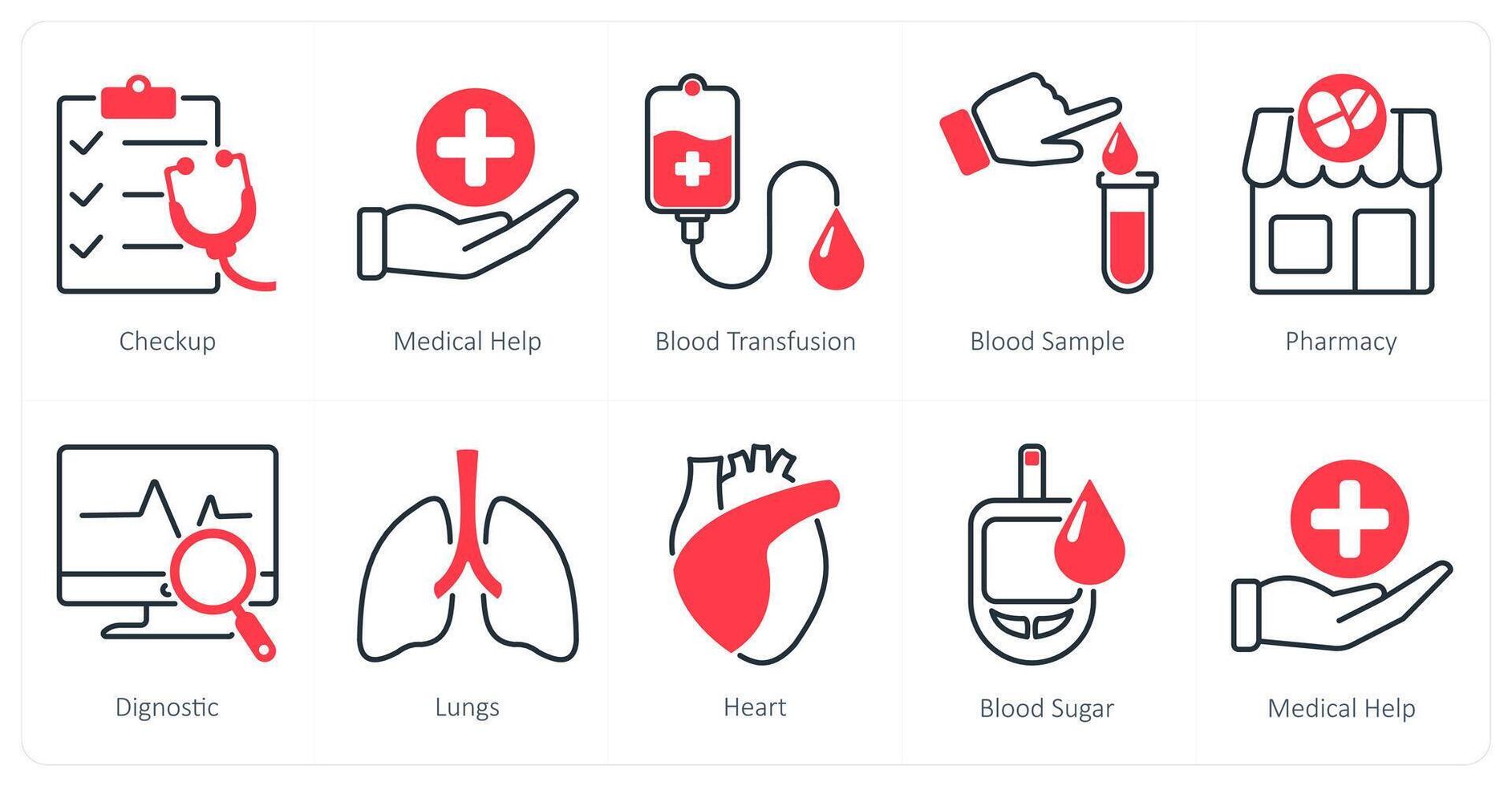 A set of 10 Mix icons as checkup, medical help, blood transfusion vector