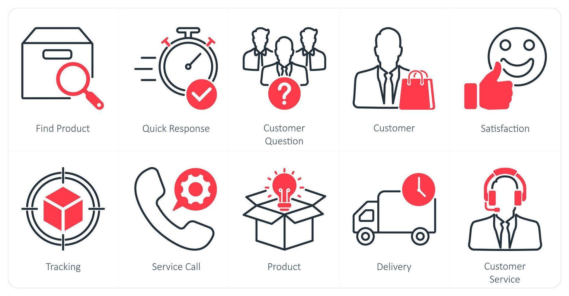 A set of 10 Mix icons as find product, quick response, customer question vector