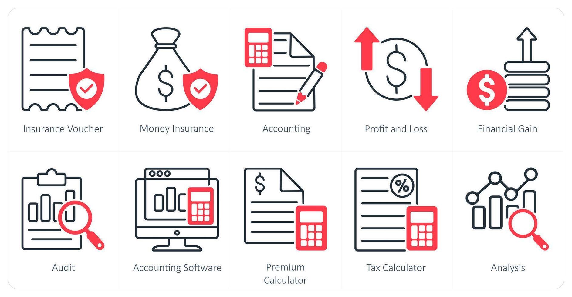 A set of 10 Mix icons as insurance voucher, money insurance, accounting vector