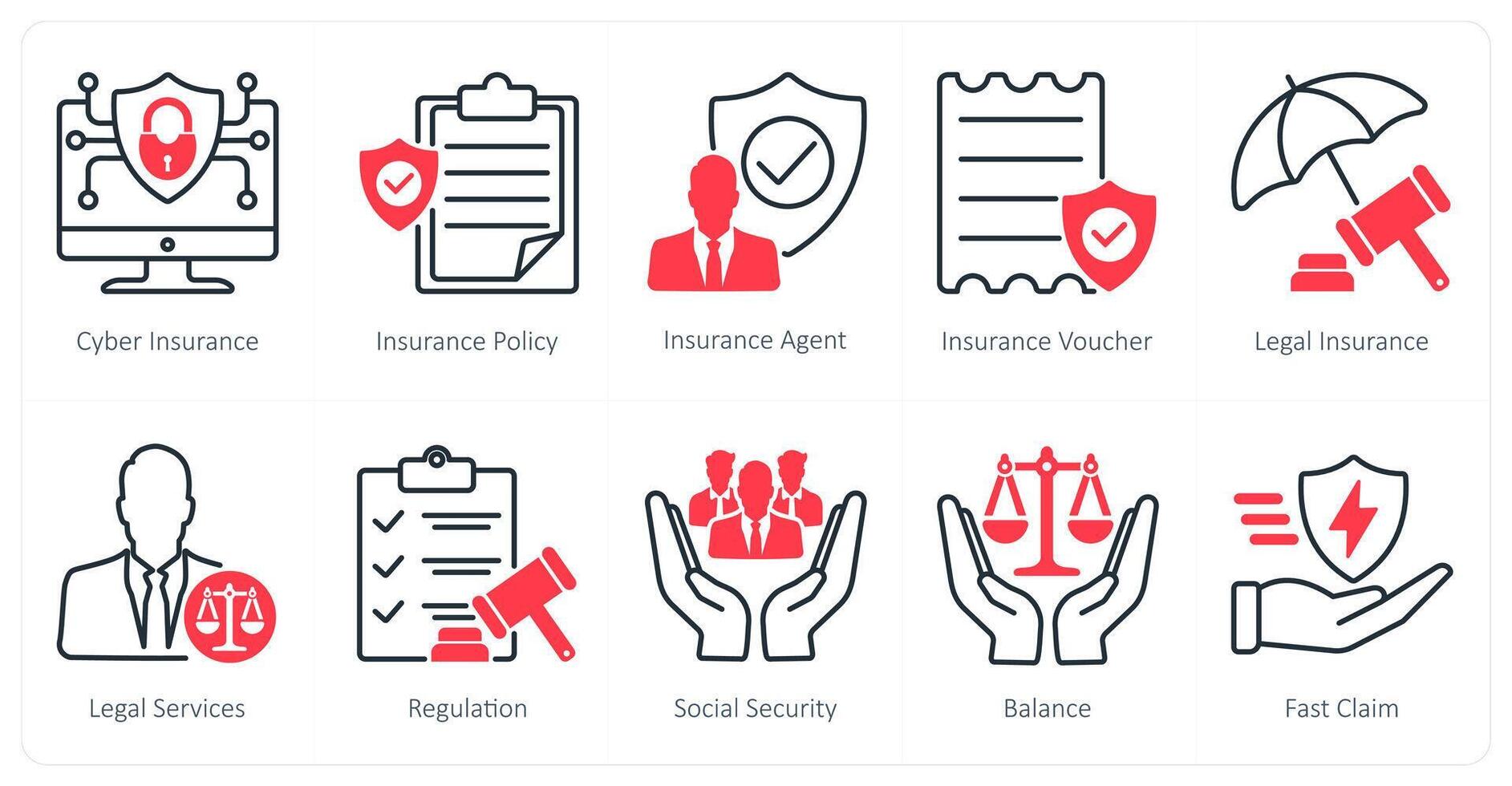 A set of 10 Mix icons as cyber insurance, insurance policy, insurance agent vector